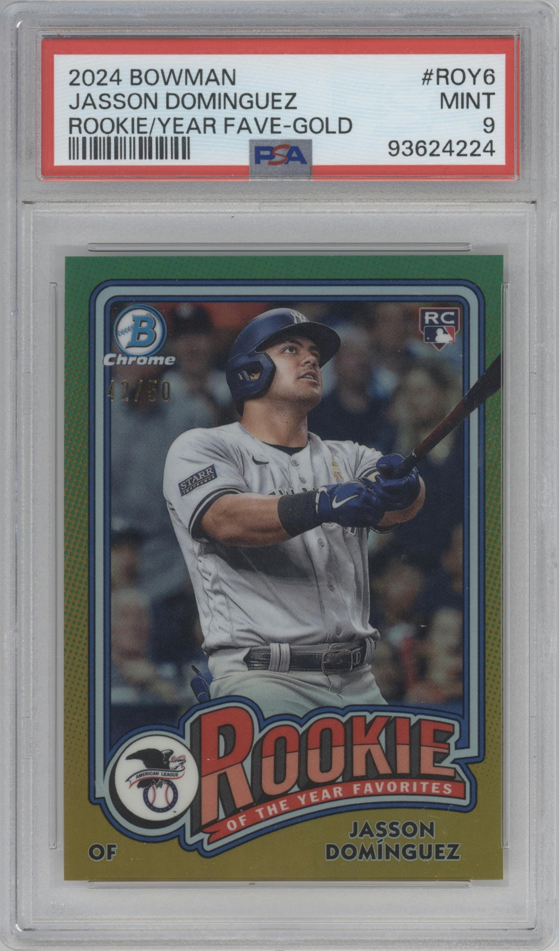 Jasson Dominguez from the 2024 Bowman set featuring a Gold Refractor parallel graded by PSA and given an overall grade of 9.