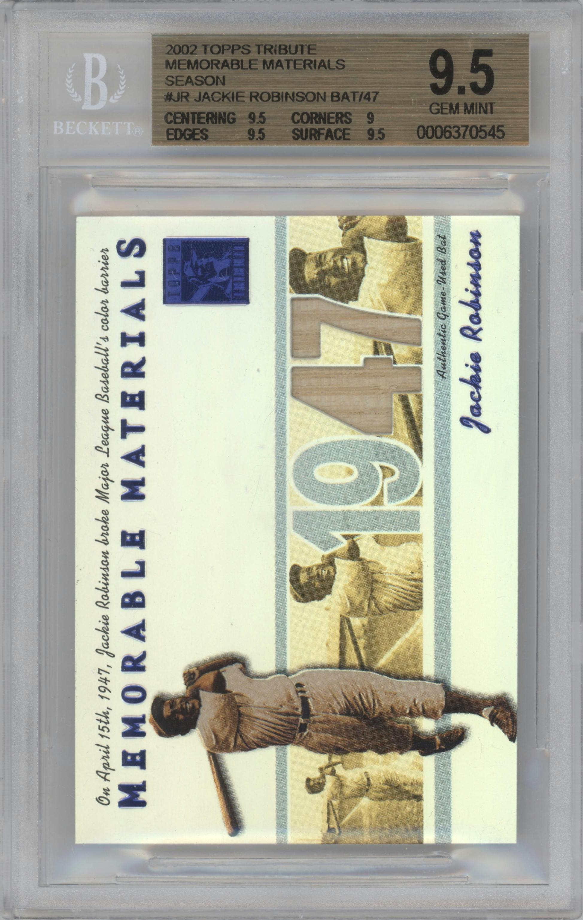Jackie Robinson from the 2002 Topps Tribute set featuring a Season parallel graded by Beckett and given an overall grade of 9.5.