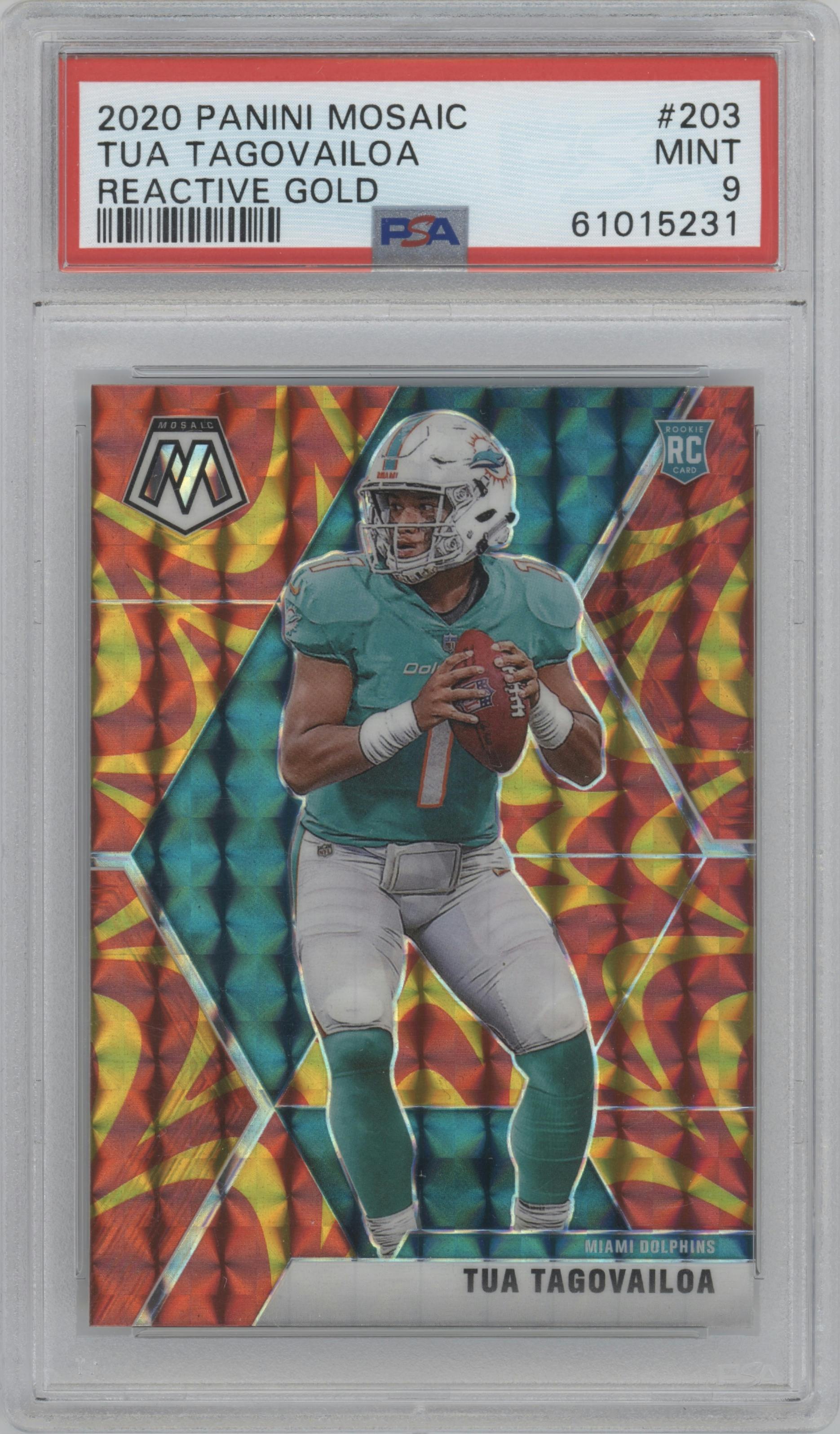 Tua Tagovailoa from the 2020 Panini Mosaic set featuring a Reactive Gold parallel graded by PSA and given an overall grade of 9.