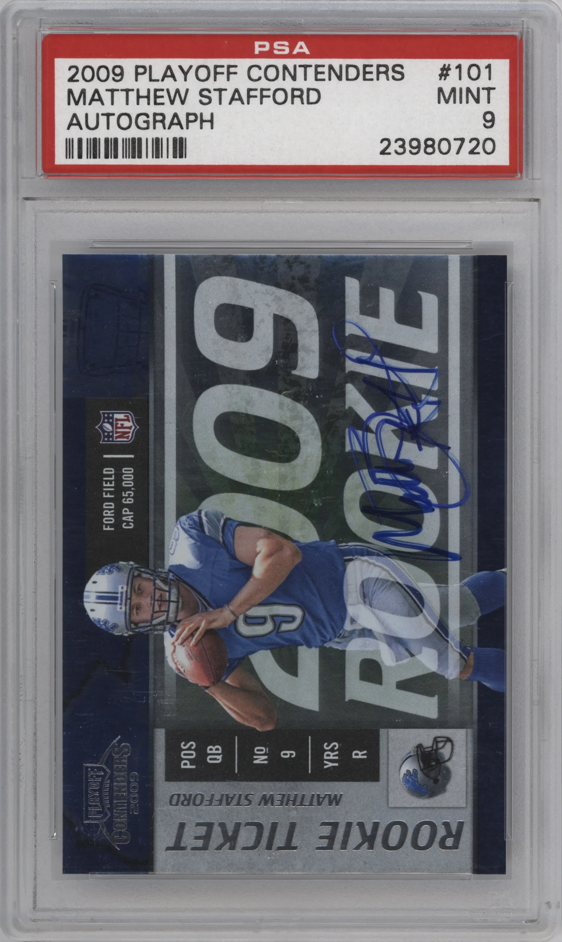 Matthew Stafford from the 2009 Playoff Contenders set graded by PSA and given an overall grade of 9.