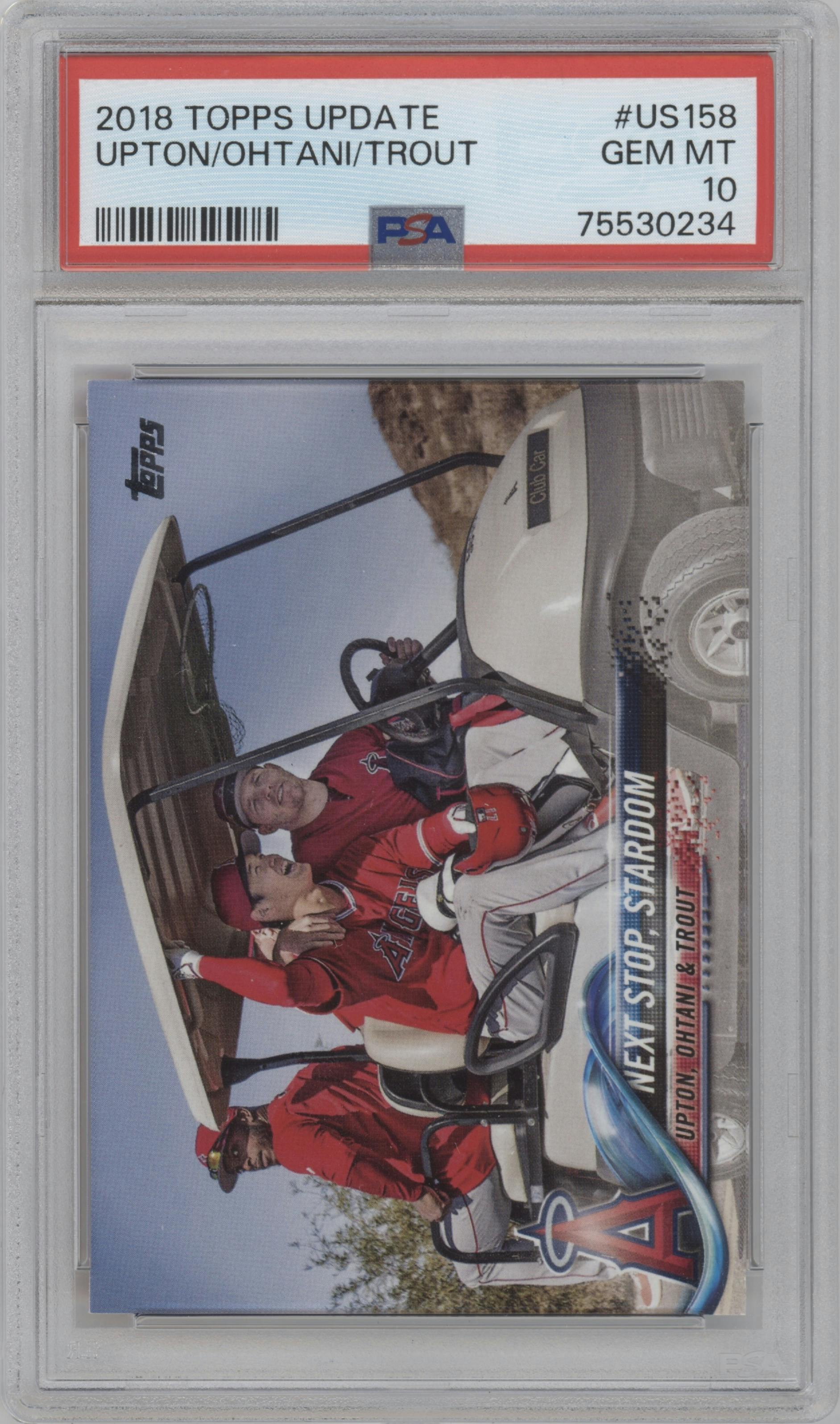 Justin Upton/Shohei Ohtani/Mike Trout from the 2018 Topps Update set graded by PSA and given an overall grade of 10.