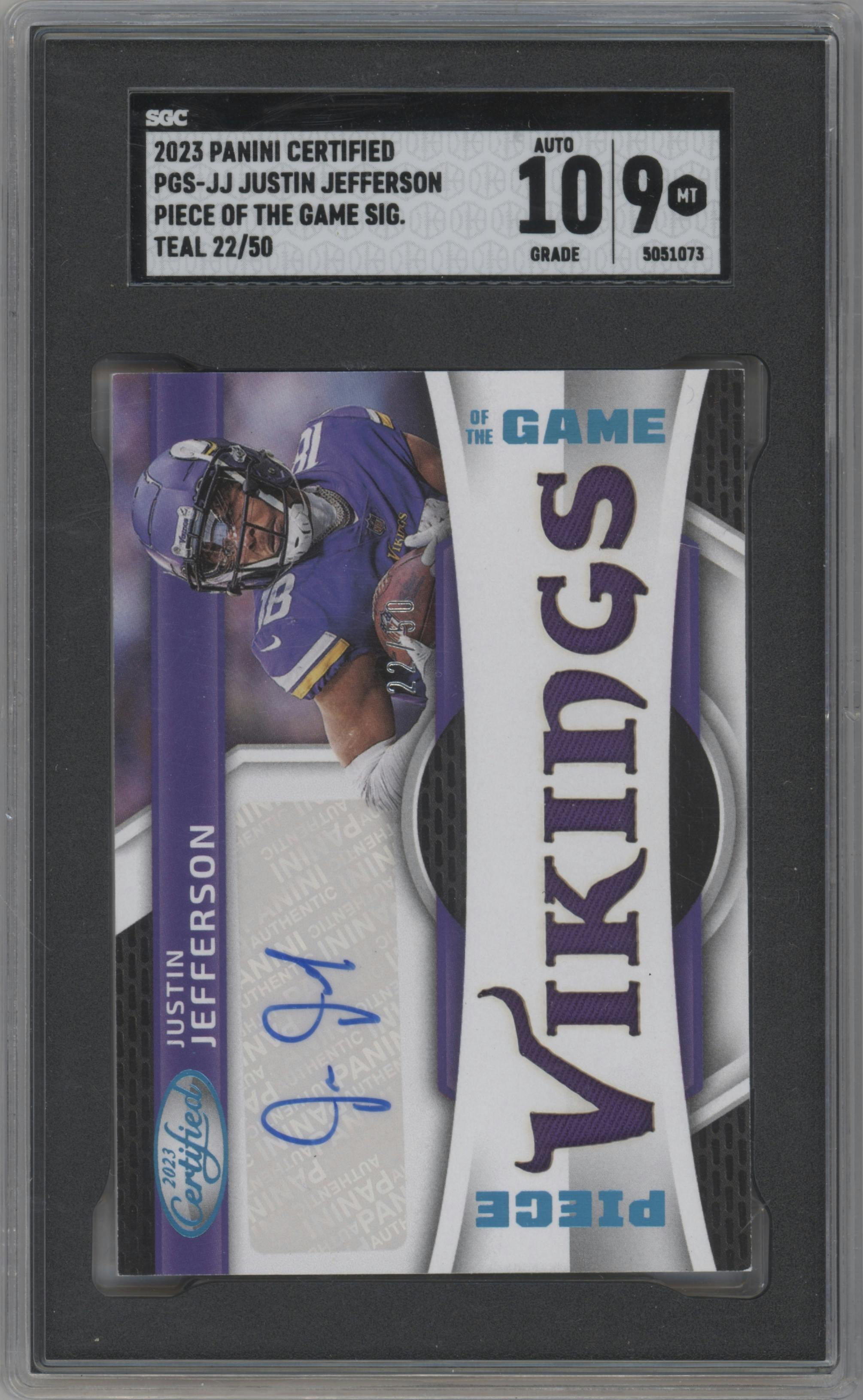 Justin Jefferson  from the 2023 Panini Certified set featuring a Teal parallel graded by SGC and given an overall grade of 9.