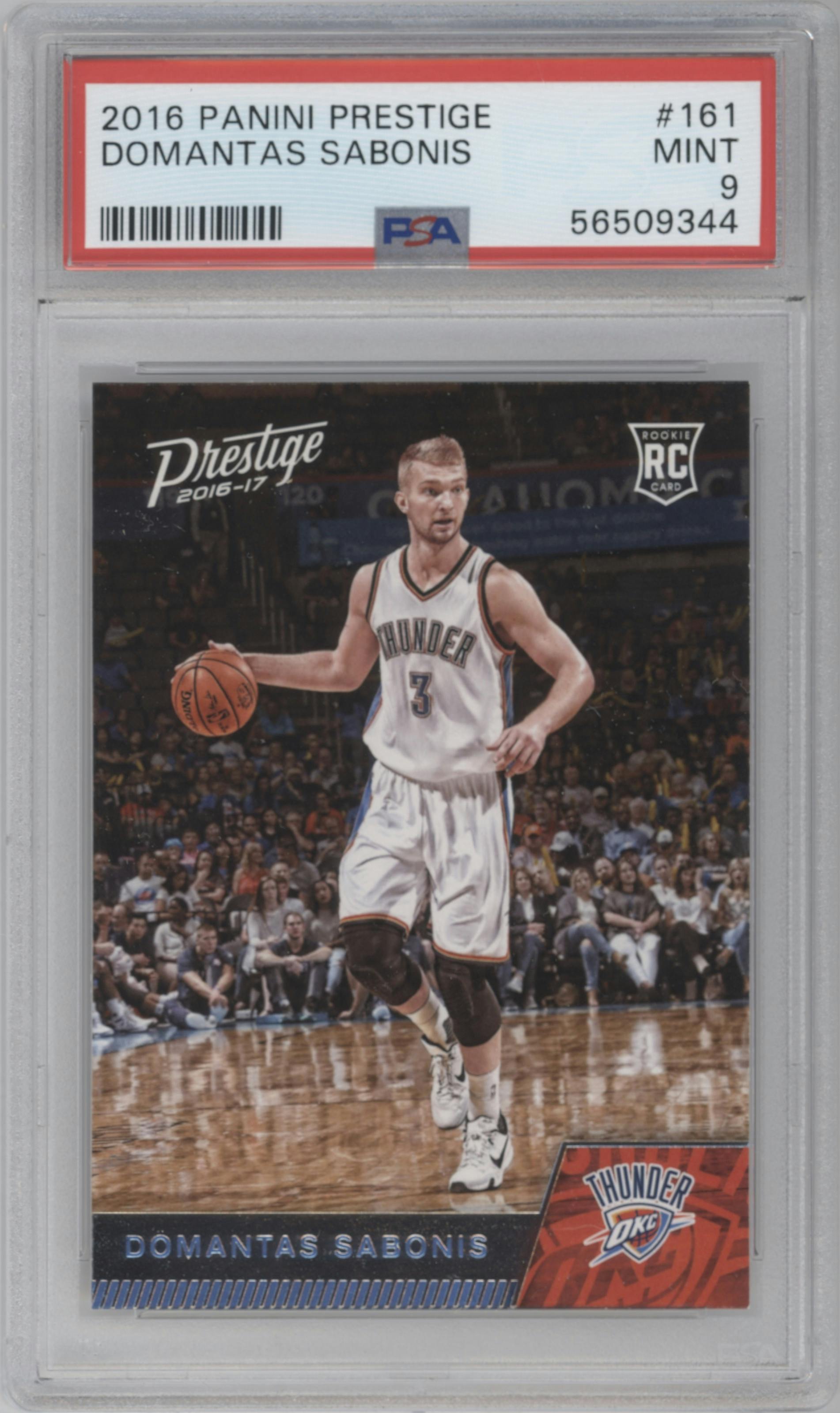 Domantas Sabonis from the 2016-17 Panini Prestige  set graded by PSA and given an overall grade of 9.