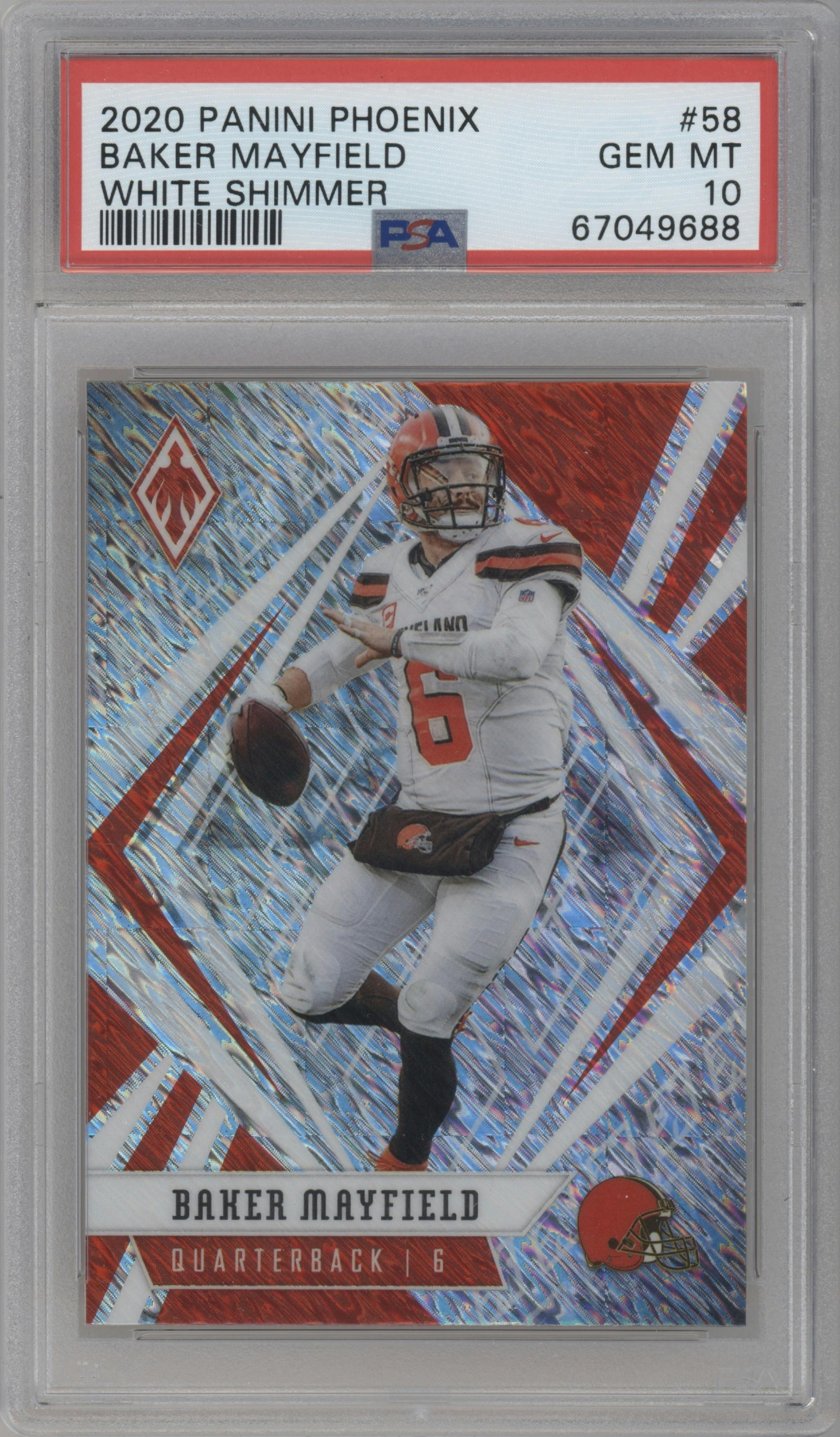 Baker Mayfield from the 2020 Panini Phoenix set featuring a White Shimmer parallel graded by PSA and given an overall grade of 10.