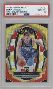 Luka Doncic from the 2018-19 Panini Select  set featuring a Tri-Color parallel graded by PSA and given an overall grade of 10.