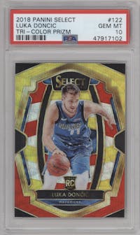 Luka Doncic from the 2018-19 Panini Select  set featuring a Tri-Color parallel graded by PSA and given an overall grade of 10.