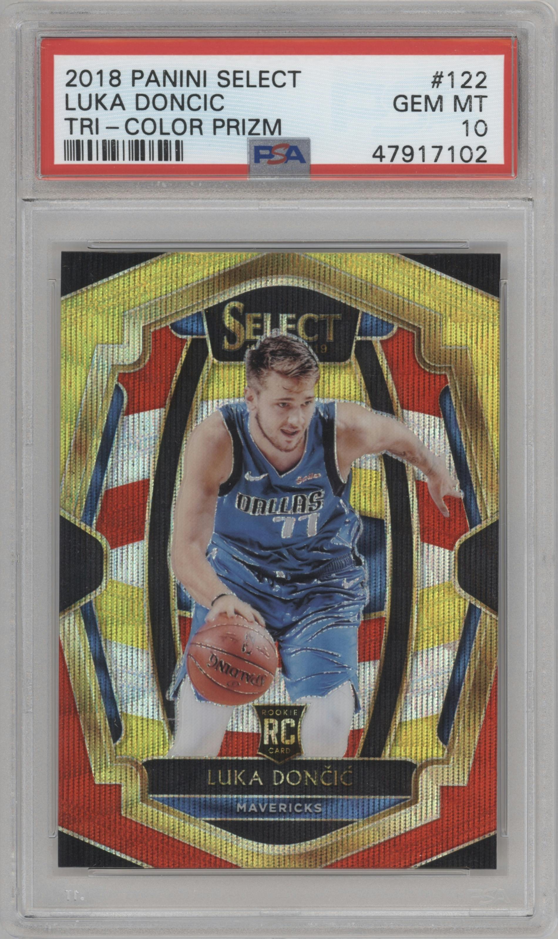 Luka Doncic from the 2018-19 Panini Select  set featuring a Tri-Color parallel graded by PSA and given an overall grade of 10.