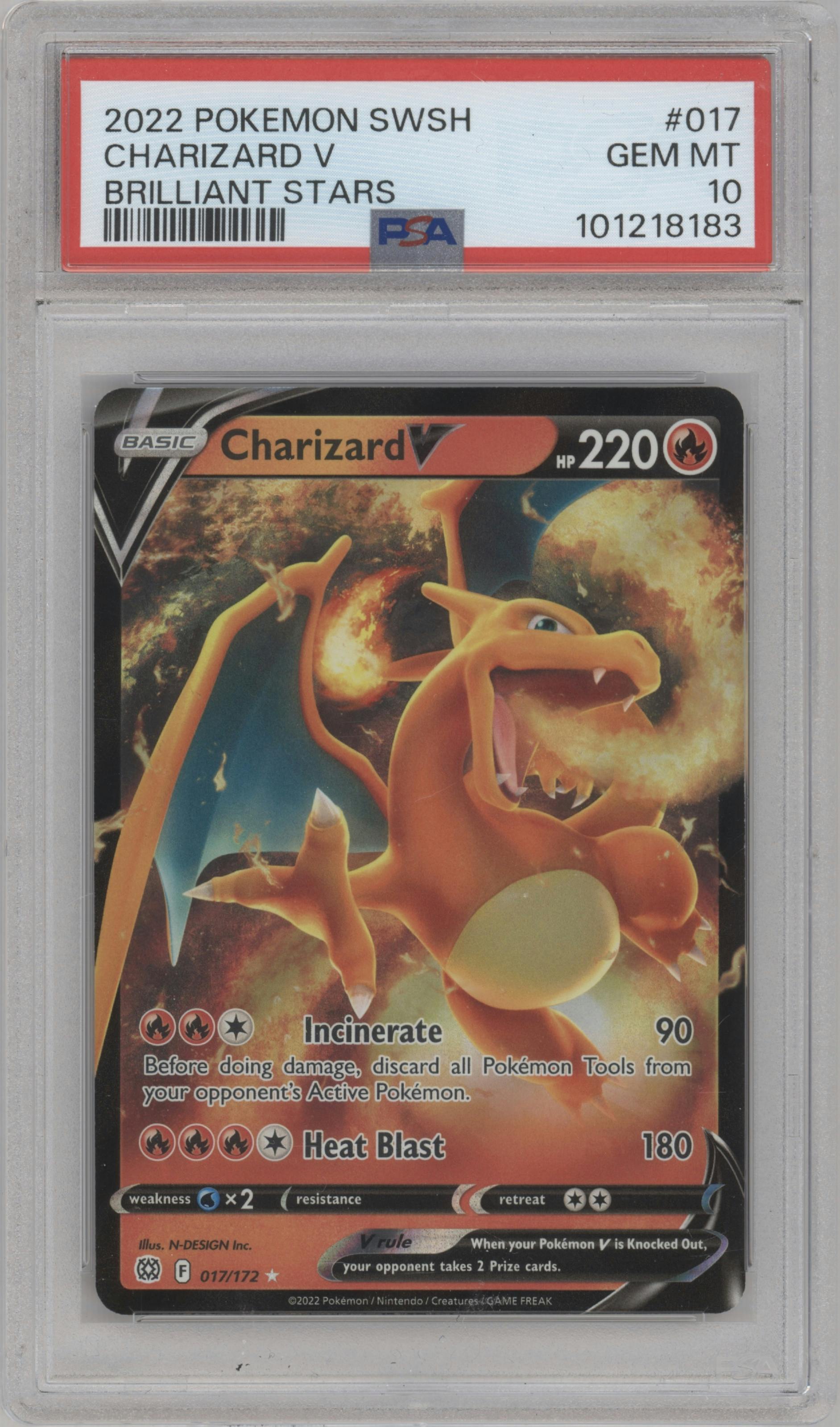 Charizard V  from the 2022 Pokemon SWSH set graded by PSA and given an overall grade of 10.