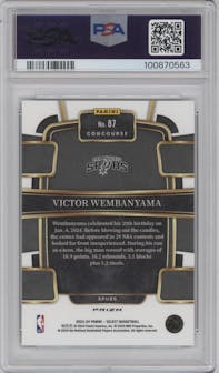Victor Wembanyama from the 2023-24 Panini Select  set featuring a Green Shock Prizm parallel graded by PSA and given an overall grade of 9.