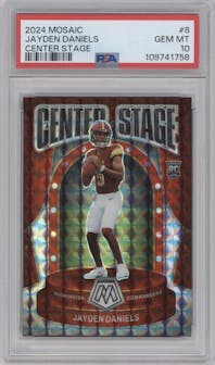 Jayden Daniels from the 2024 Panini Mosaic set graded by PSA and given an overall grade of 10.