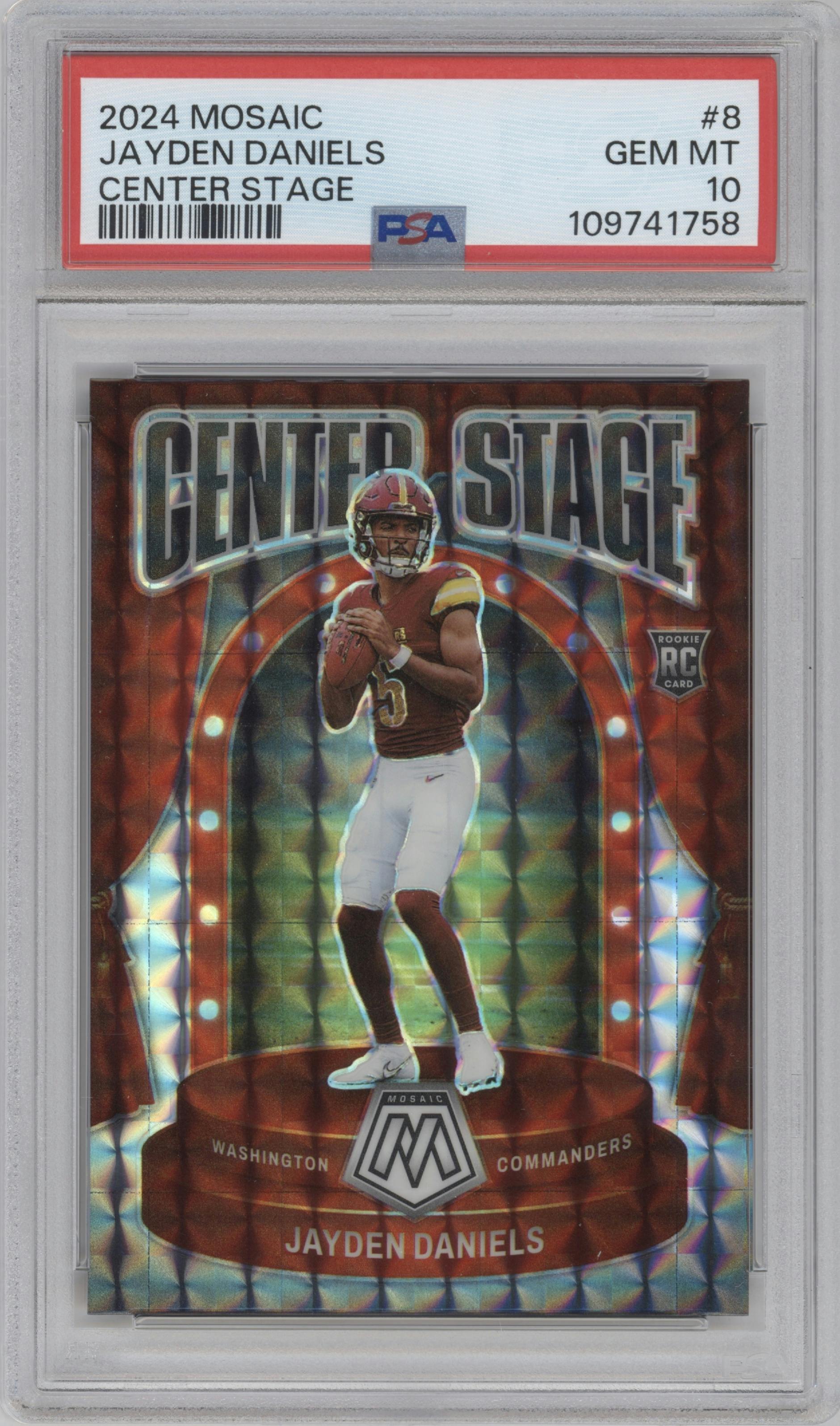 Jayden Daniels from the 2024 Panini Mosaic set graded by PSA and given an overall grade of 10.