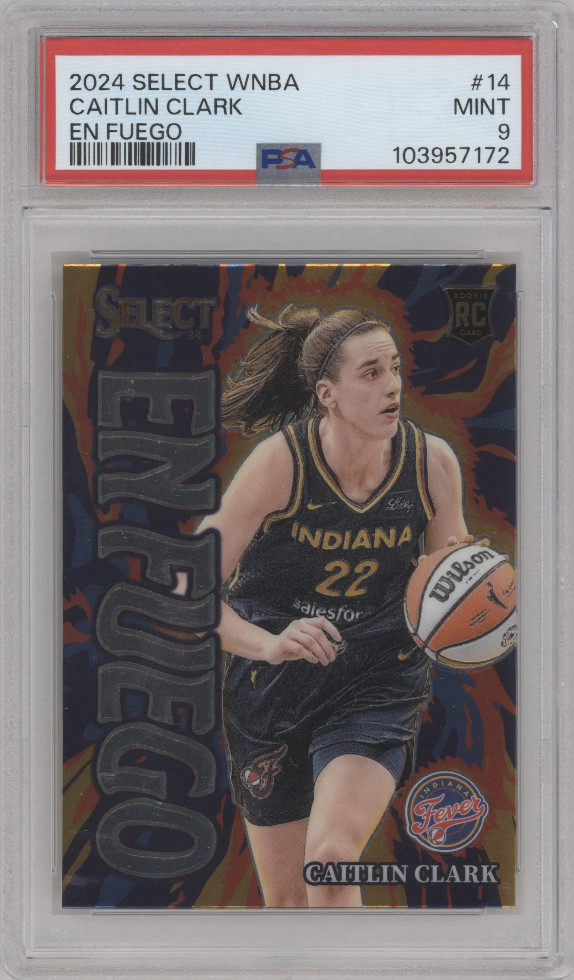 Caitlin Clark from the 2024 Panini Select WNBA set graded by PSA and given an overall grade of 9.