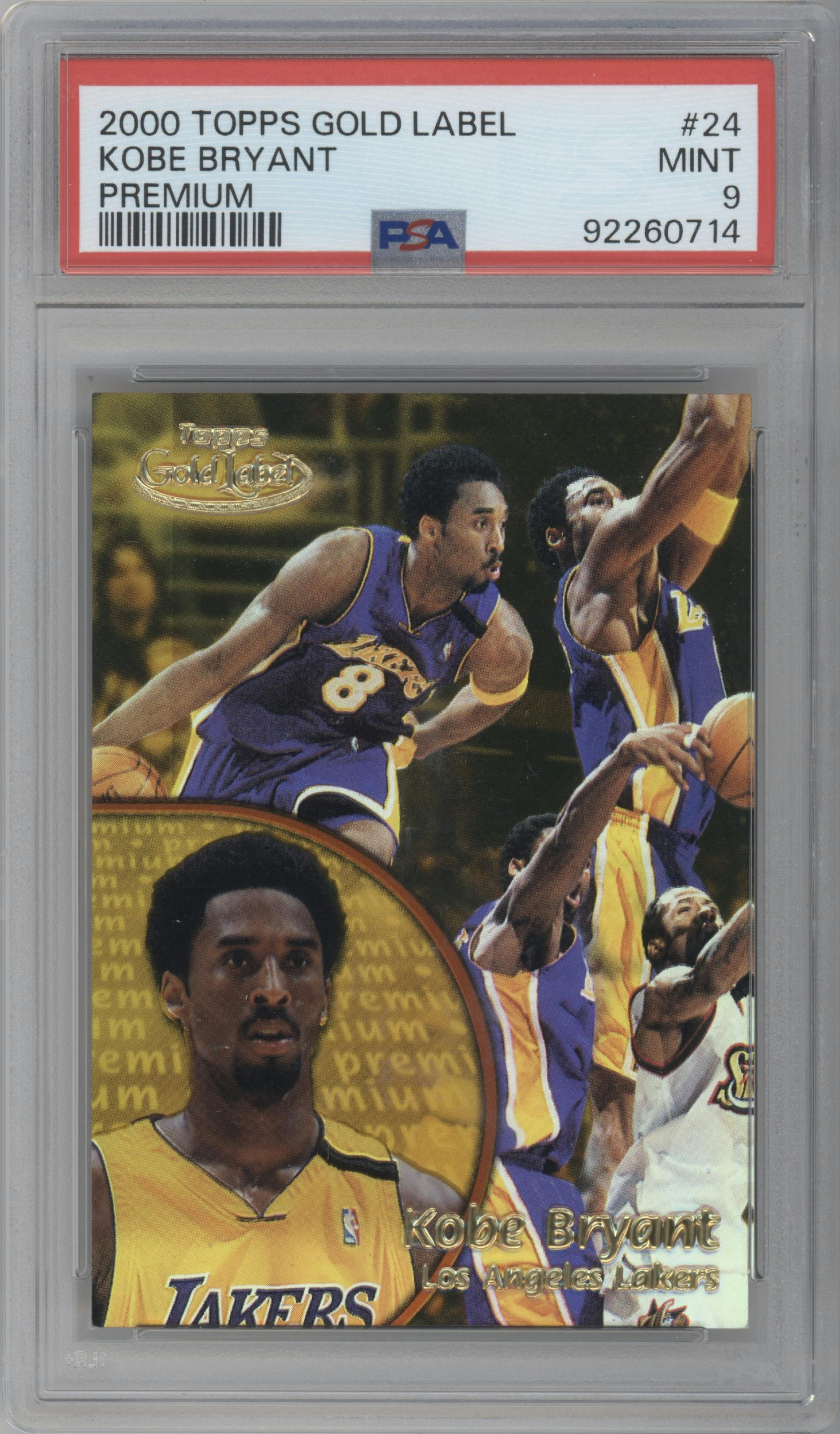 Kobe Bryant from the 2000-01 Topps Gold Label set featuring a Premium parallel graded by PSA and given an overall grade of 9.