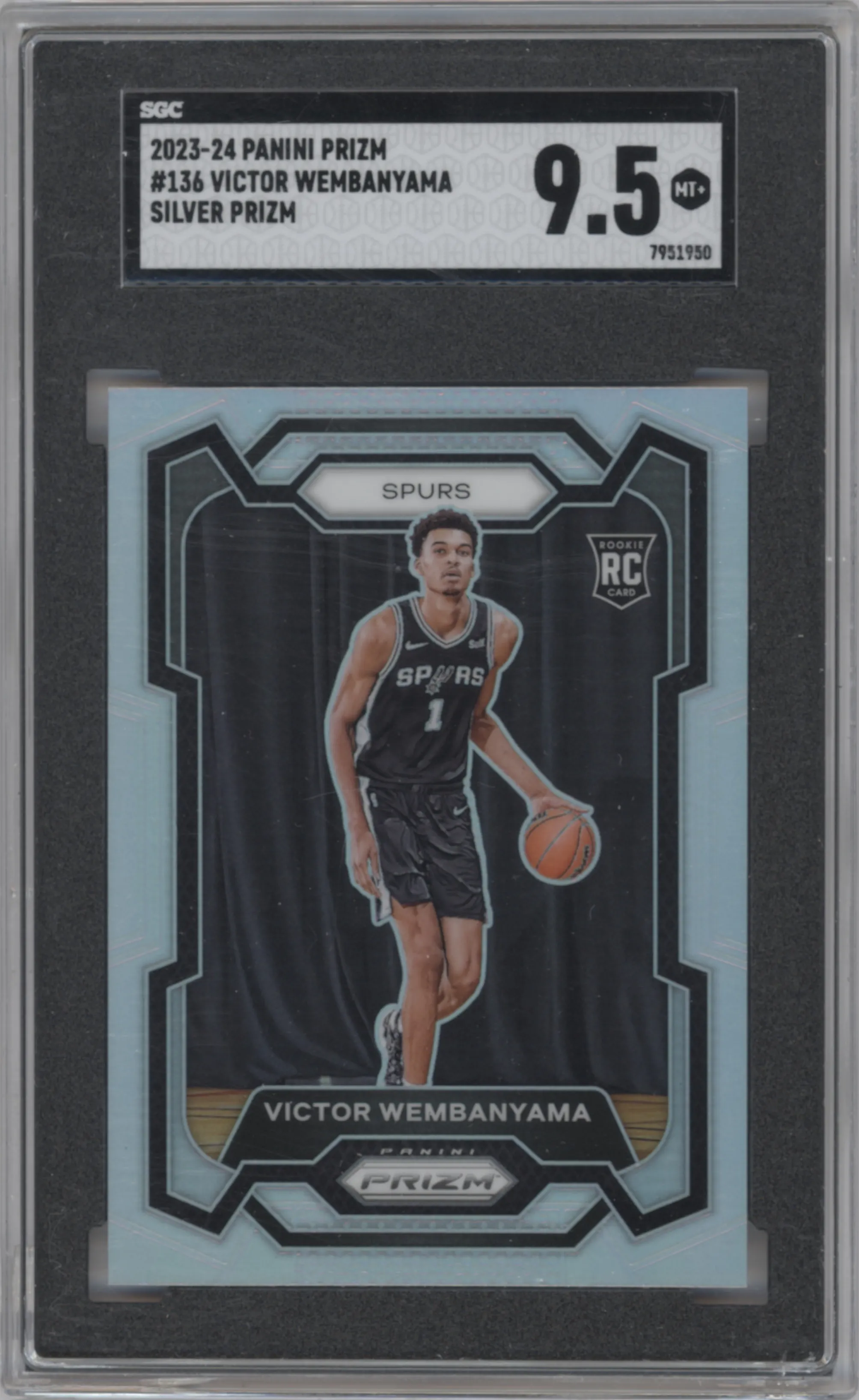 Victor Wembanyama from the 2023-24 Panini Prizm set featuring a Silver Prizm  parallel graded by SGC and given an overall grade of 9.5.