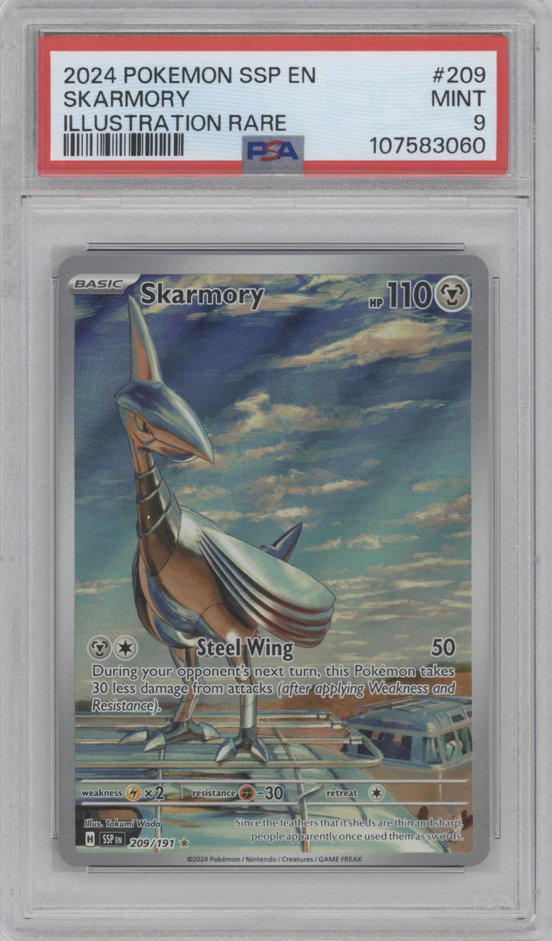 Skarmory from the 2024 Pokemon SV set graded by PSA and given an overall grade of 9.