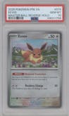 Eevee from the 2025 Pokemon SV set featuring a Master Ball parallel graded by PSA and given an overall grade of 10.