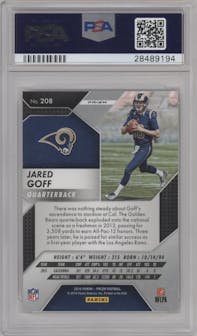 Jared Goff from the 2016 Panini Prizm set featuring a Prizm parallel graded by PSA and given an overall grade of 9.
