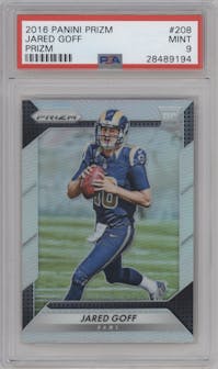 Jared Goff from the 2016 Panini Prizm set featuring a Prizm parallel graded by PSA and given an overall grade of 9.