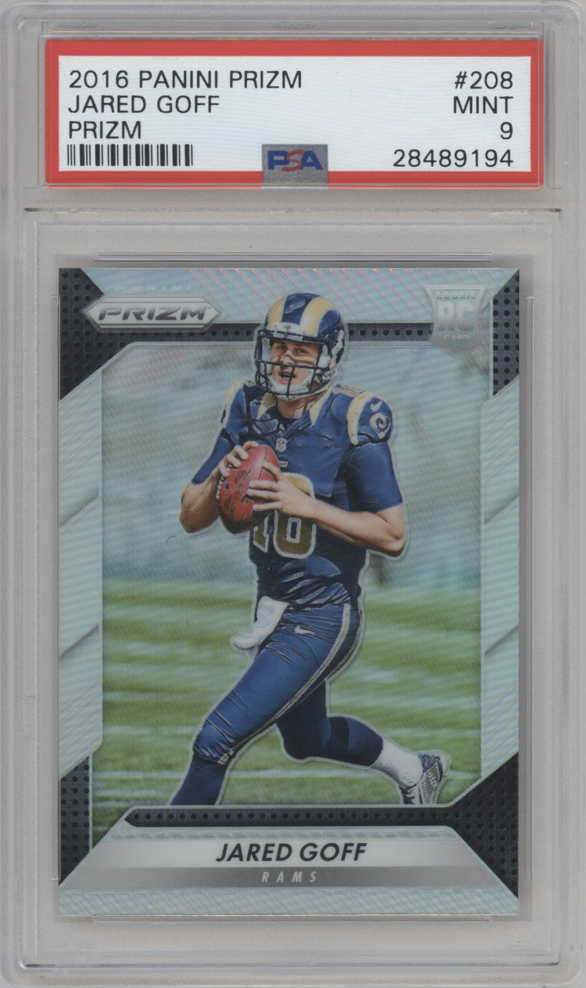 Jared Goff from the 2016 Panini Prizm set featuring a Prizm parallel graded by PSA and given an overall grade of 9.