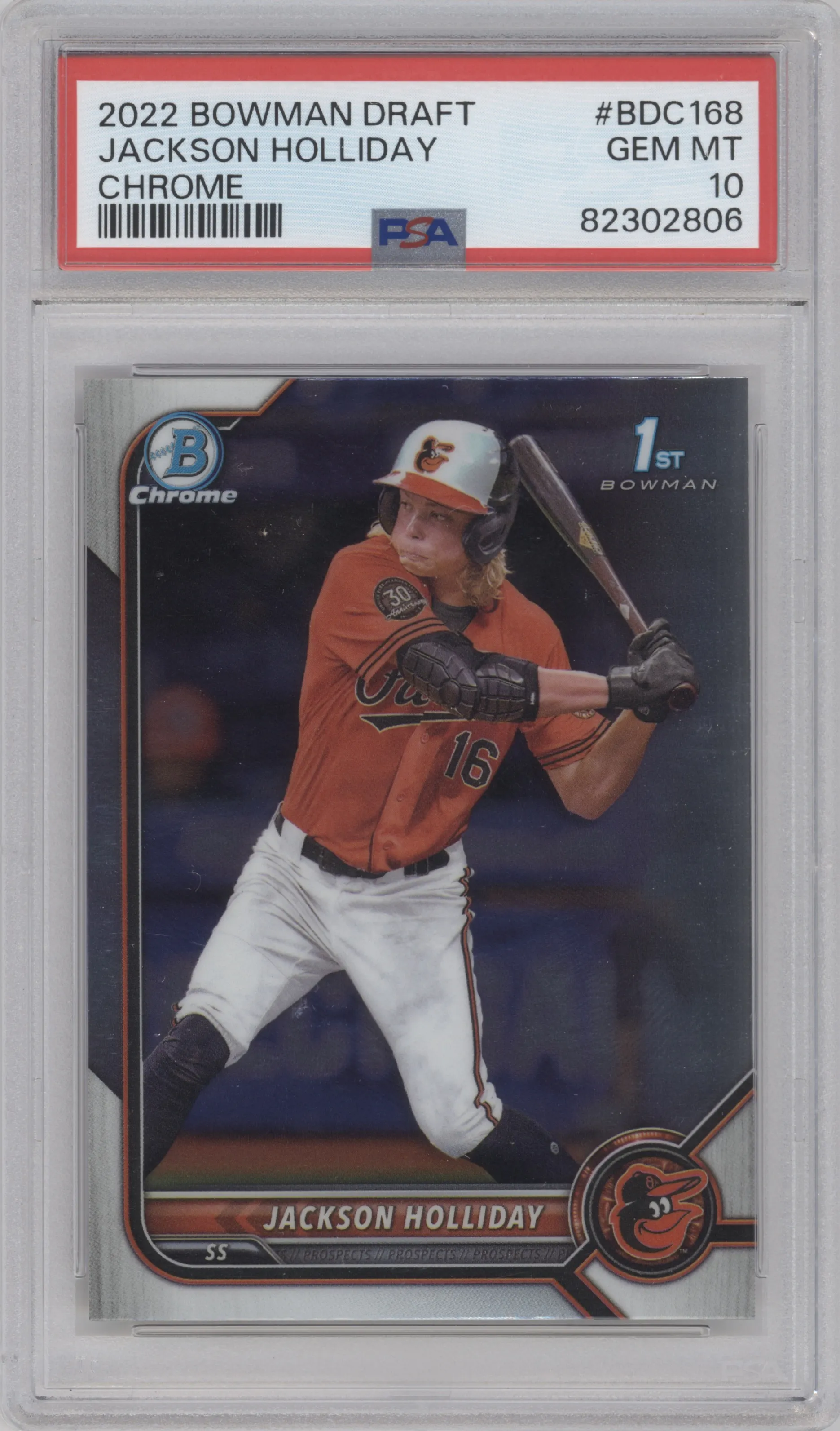 Jackson Holliday from the 2022 Bowman Draft set graded by PSA and given an overall grade of 10.