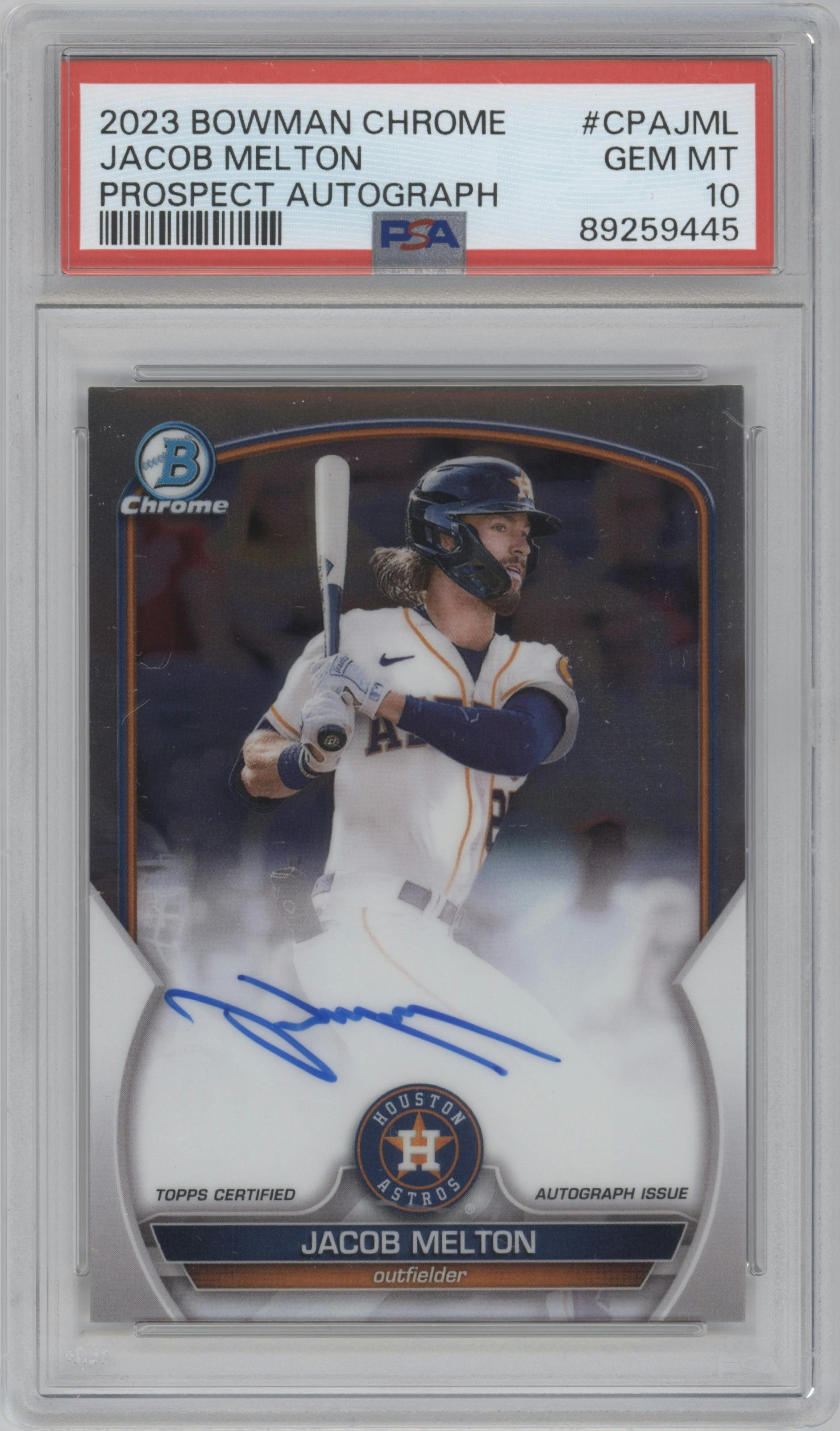 Jacob Melton from the 2023 Bowman Chrome set graded by PSA and given an overall grade of 10.