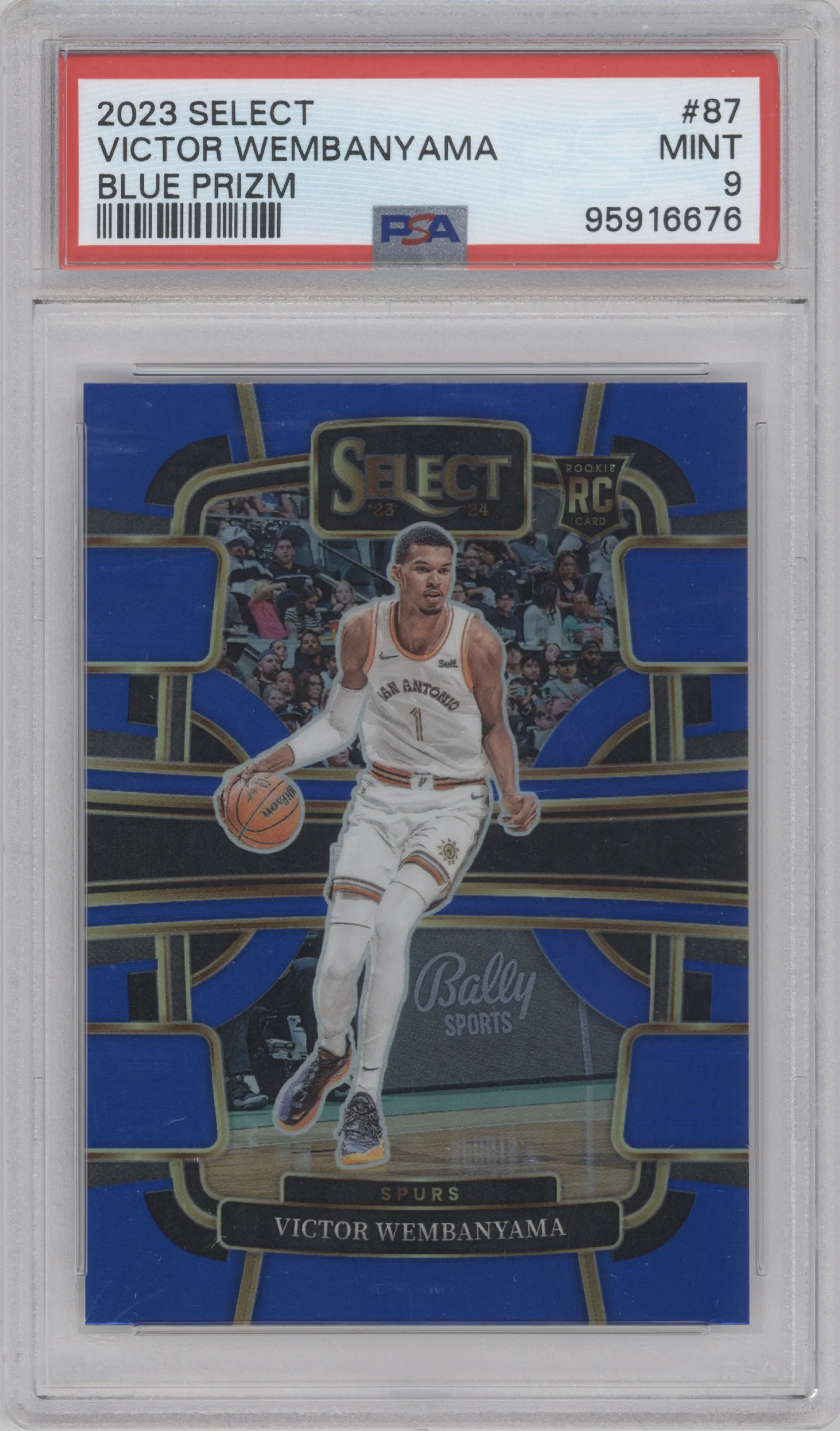 Victor Wembanyama from the 2023-24 Panini Select  set featuring a Blue Prizm parallel graded by PSA and given an overall grade of 9.