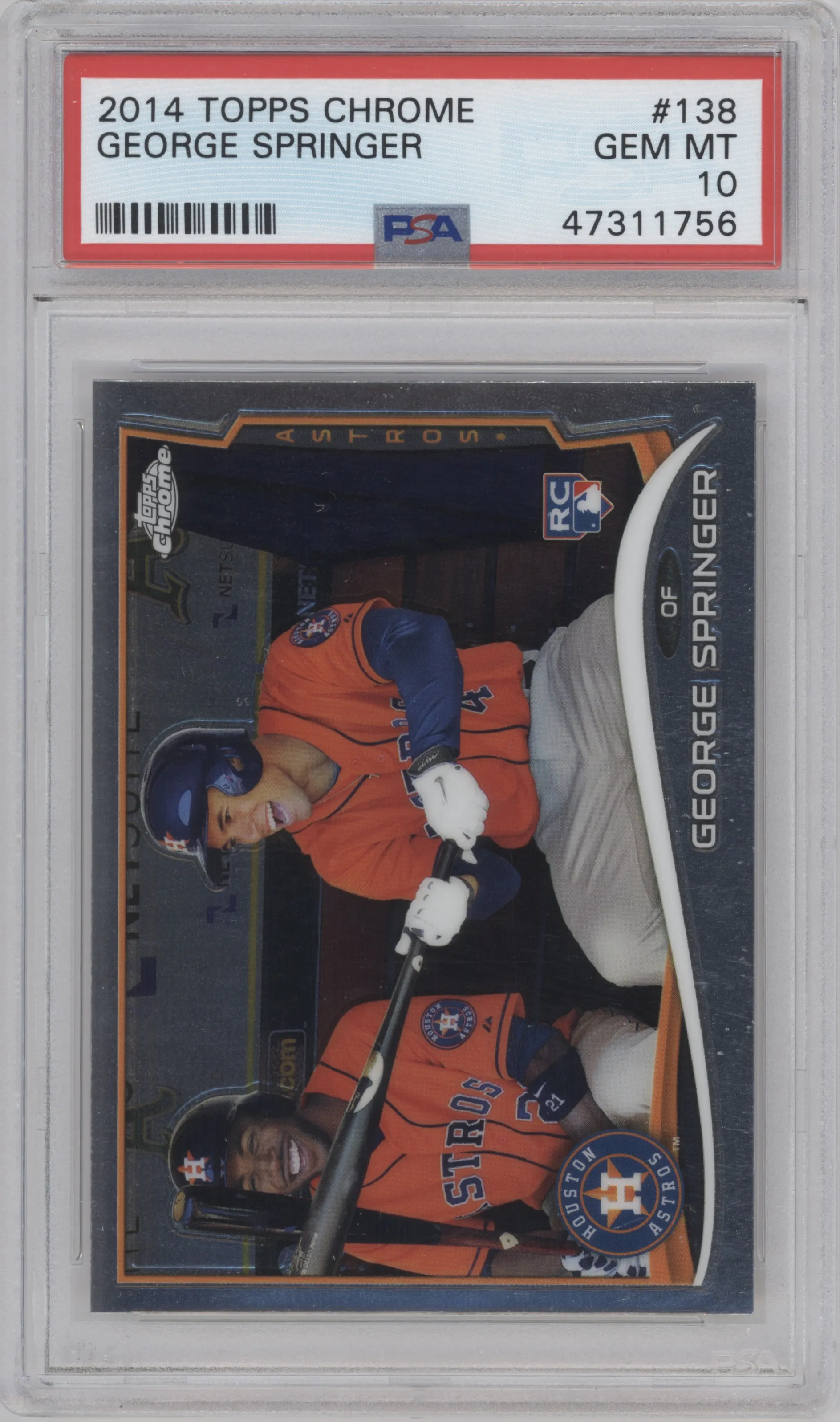 George Springer from the 2014 Topps Chrome set graded by PSA and given an overall grade of 10.