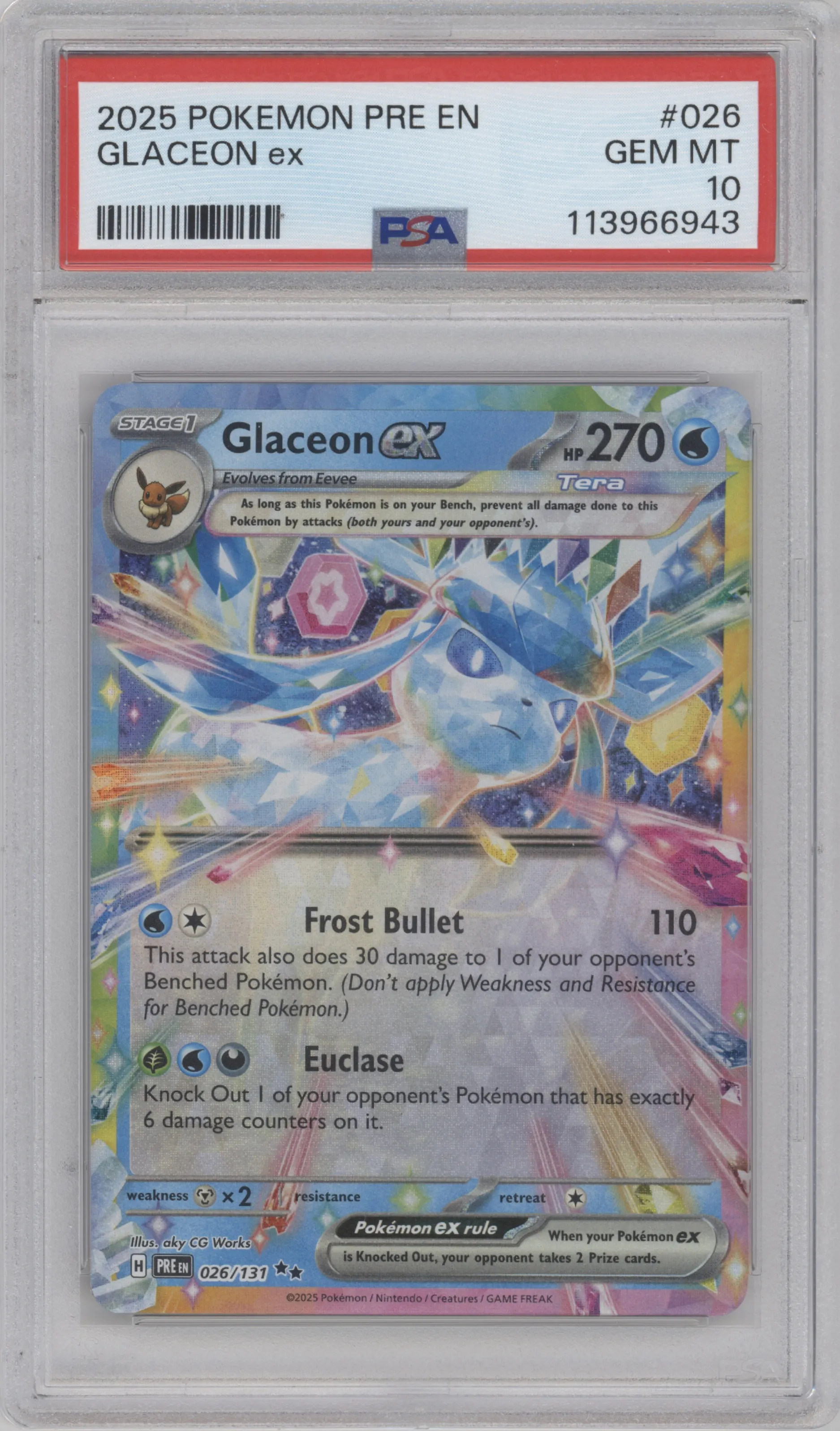 Glaceon ex from the 2025 Pokemon SV set graded by PSA and given an overall grade of 10.