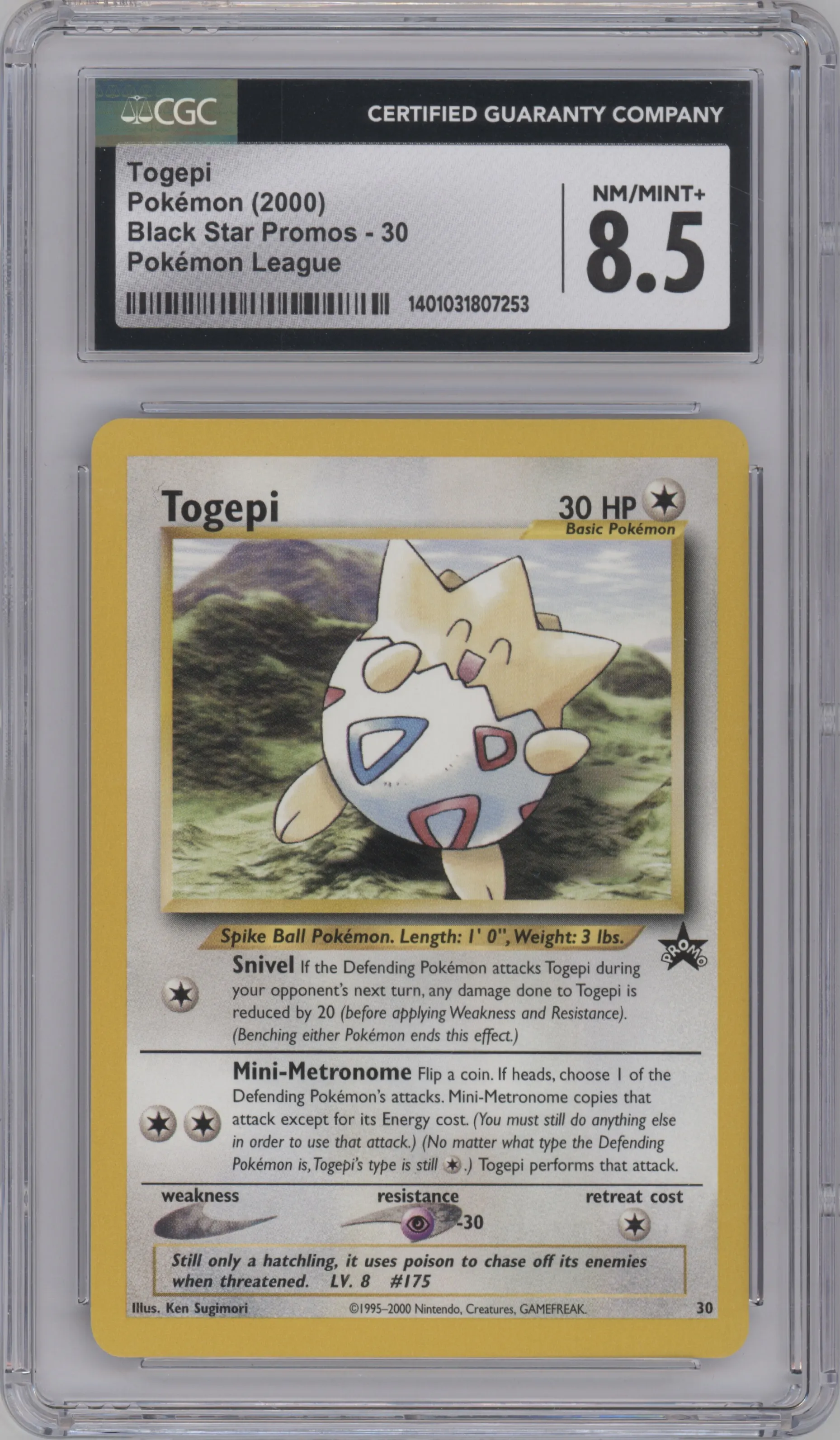 Togepi from the 2000 Pokemon set featuring a Pokemon League parallel graded by CSG and given an overall grade of 8.5.
