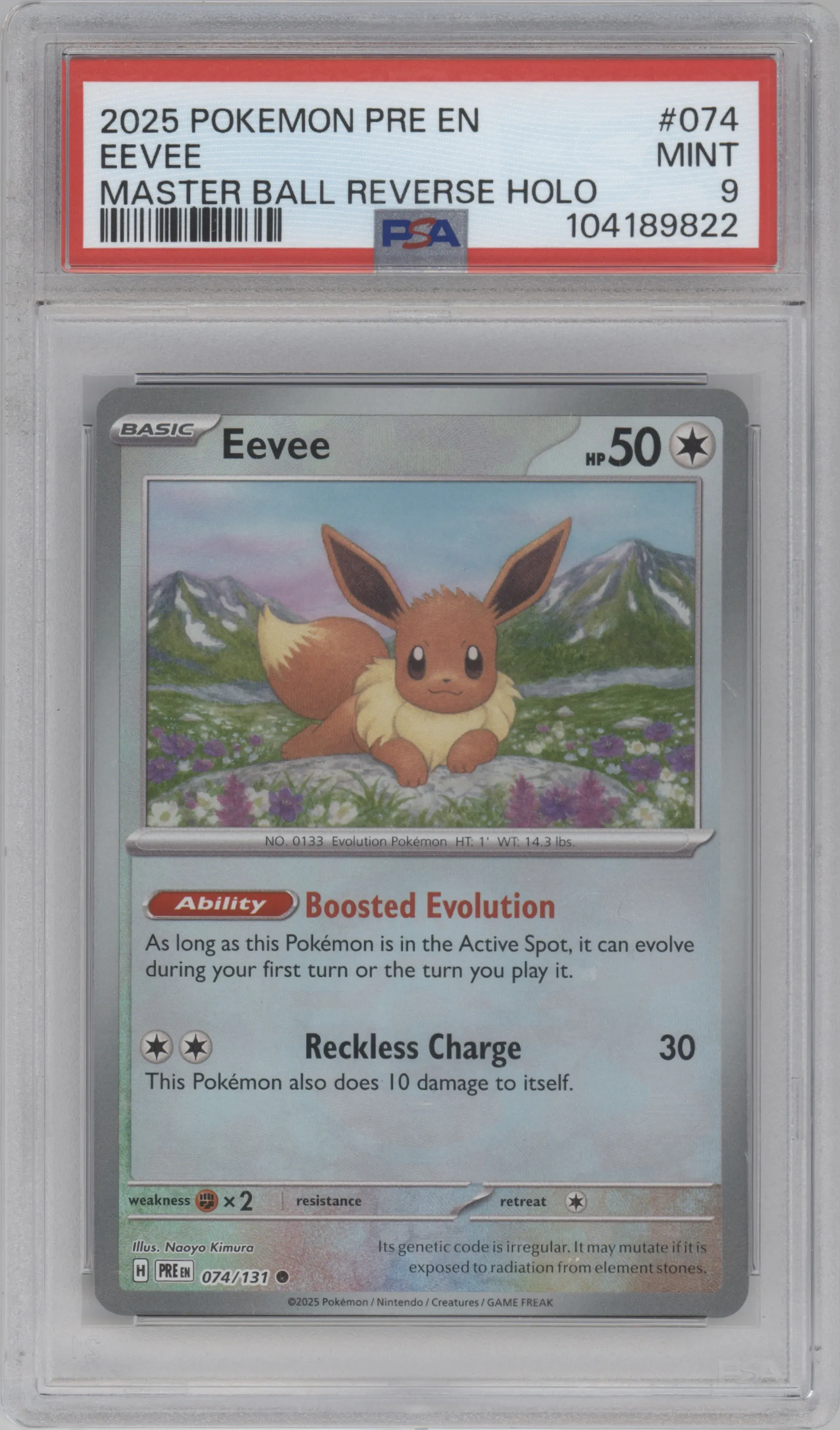 Eevee from the 2025 Pokemon SV set featuring a Master Ball parallel graded by PSA and given an overall grade of 9.