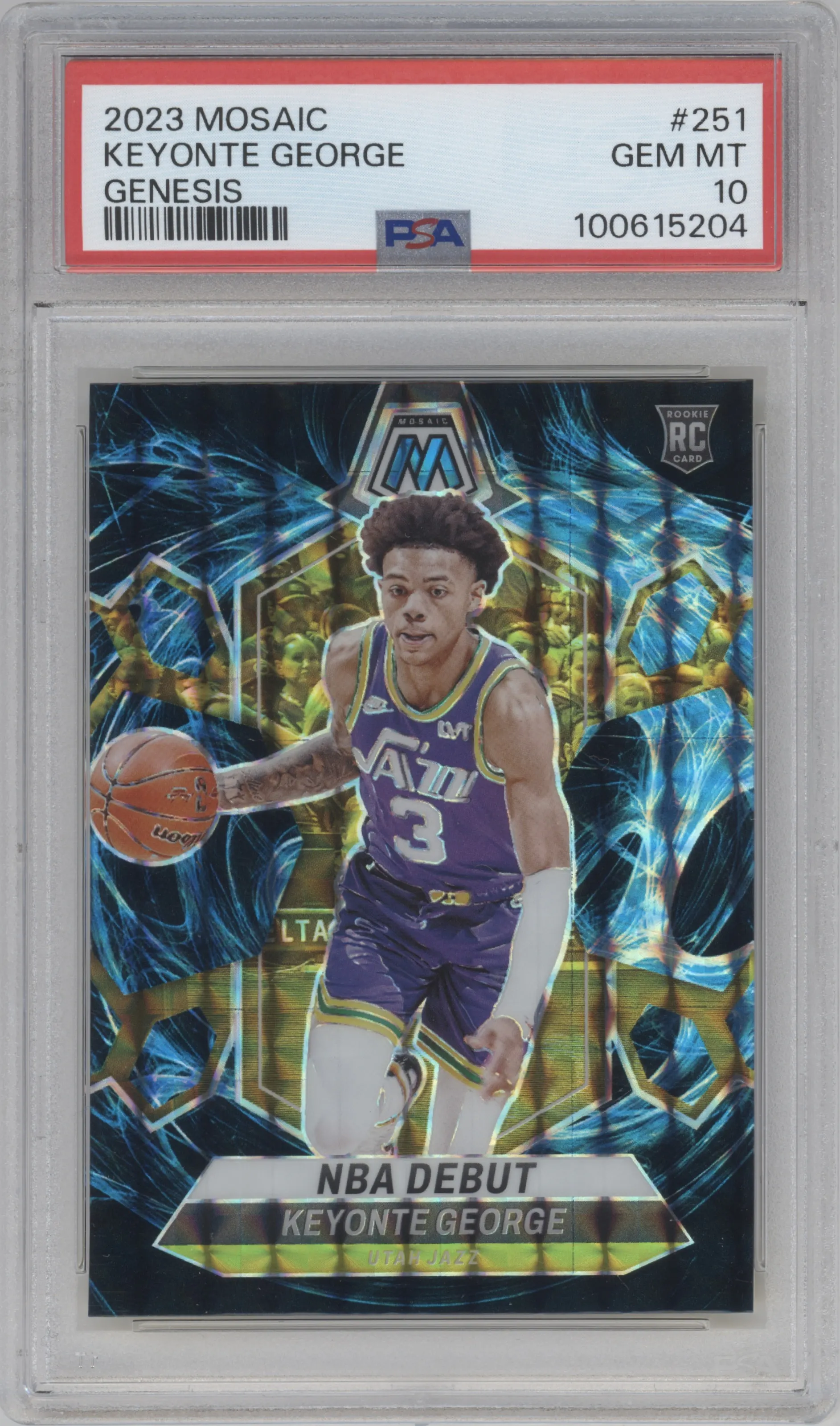 Keyonte George from the 2023-24 Panini Mosaic set featuring a Genesis parallel graded by PSA and given an overall grade of 10.