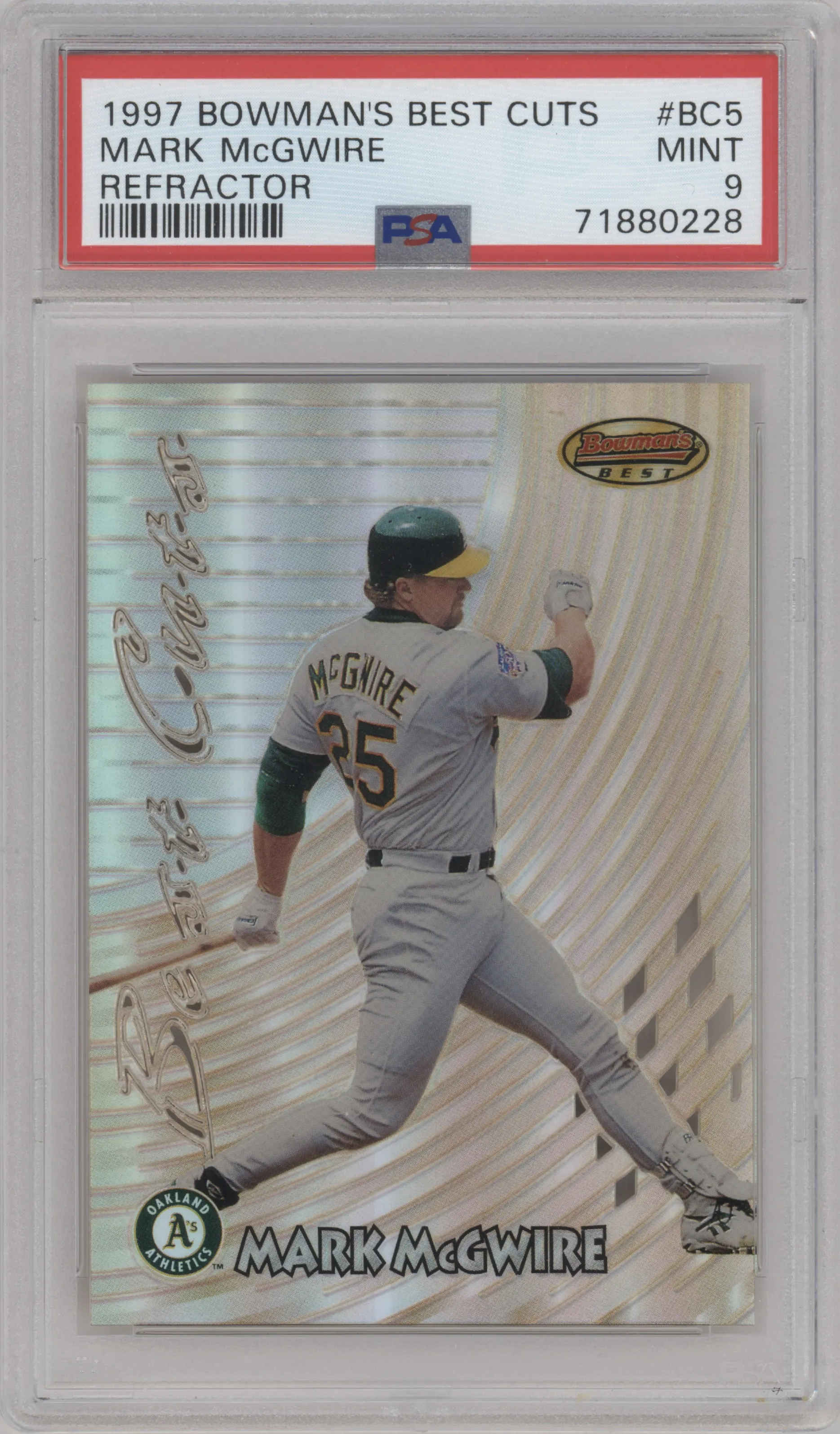 Mark McGwire from the 1997 Bowman's Best set featuring a Refractor parallel graded by PSA and given an overall grade of 9.