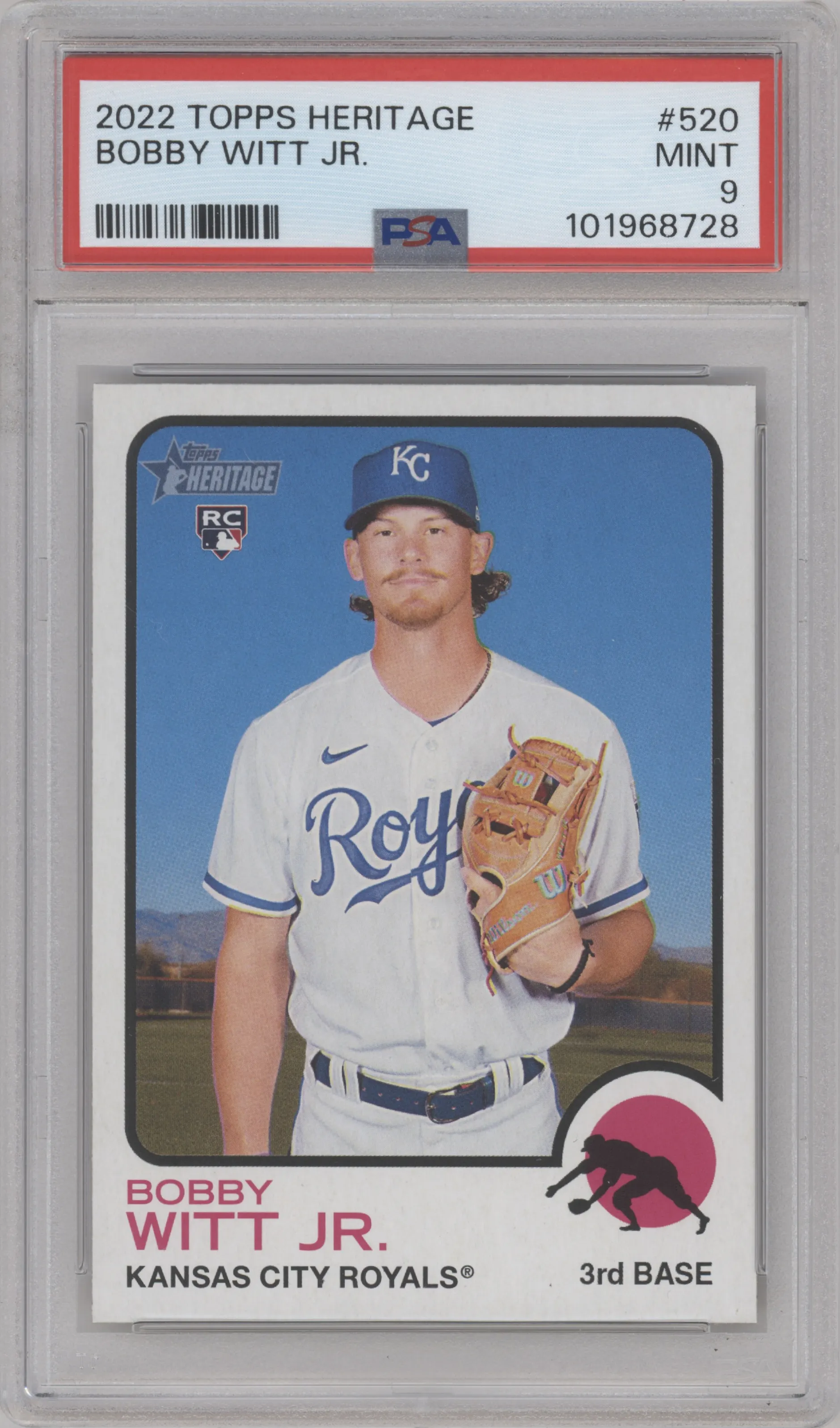 Bobby Witt Jr. from the 2022 Topps Heritage High Number set graded by PSA and given an overall grade of 9.