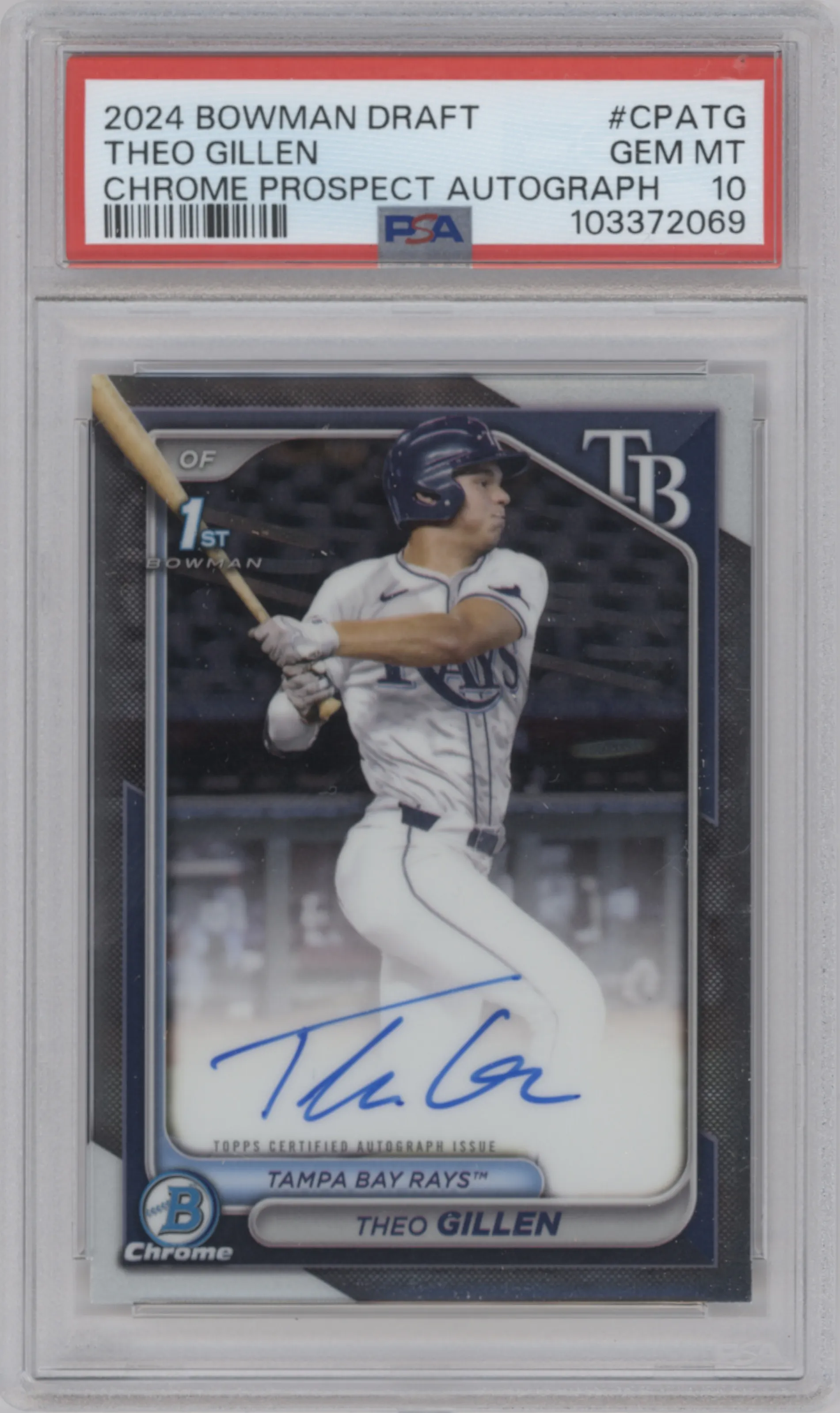 Theo Gillen from the 2024 Bowman Draft set graded by PSA and given an overall grade of 10.