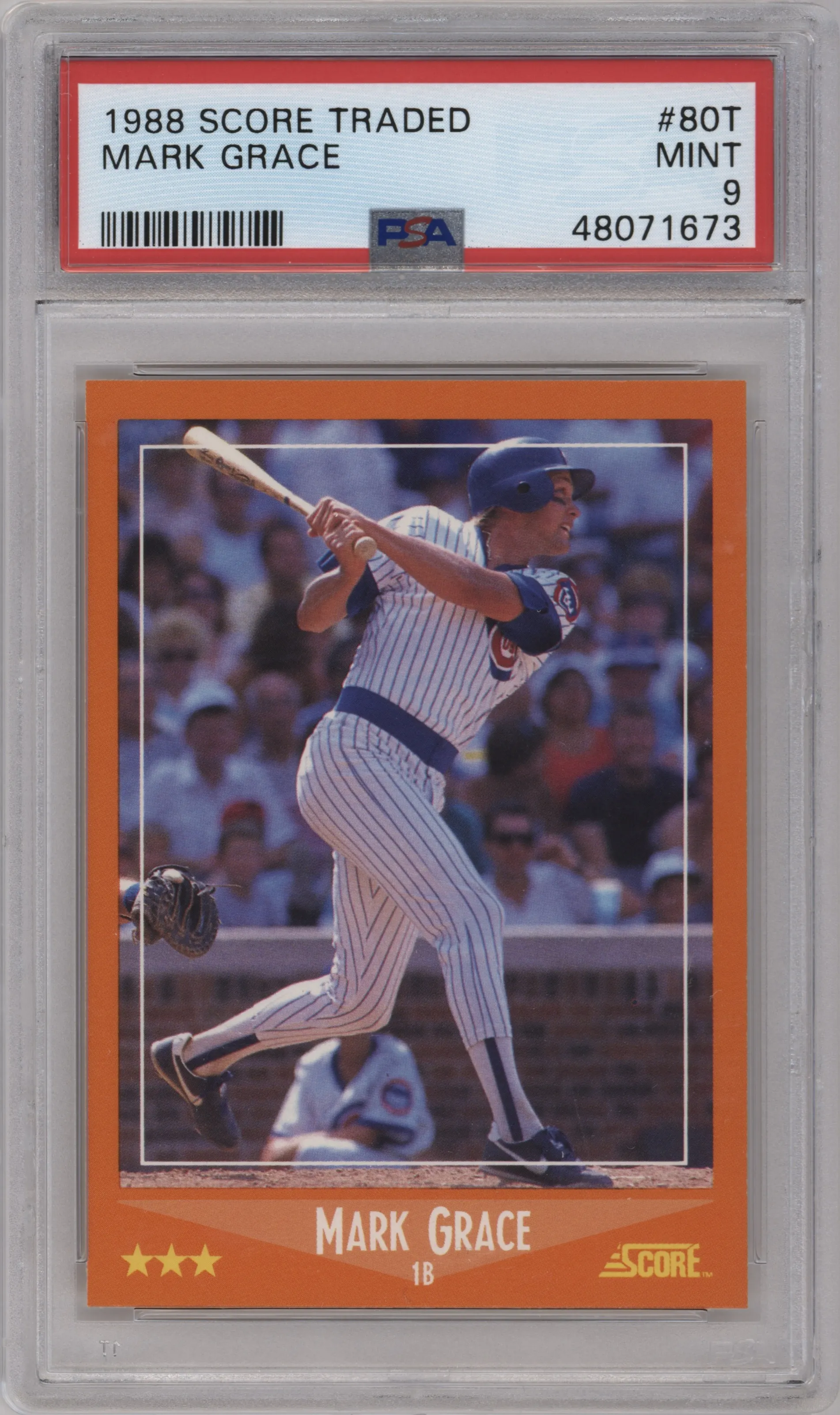 Mark Grace from the 1988 Score Rookie/Traded set graded by PSA and given an overall grade of 9.