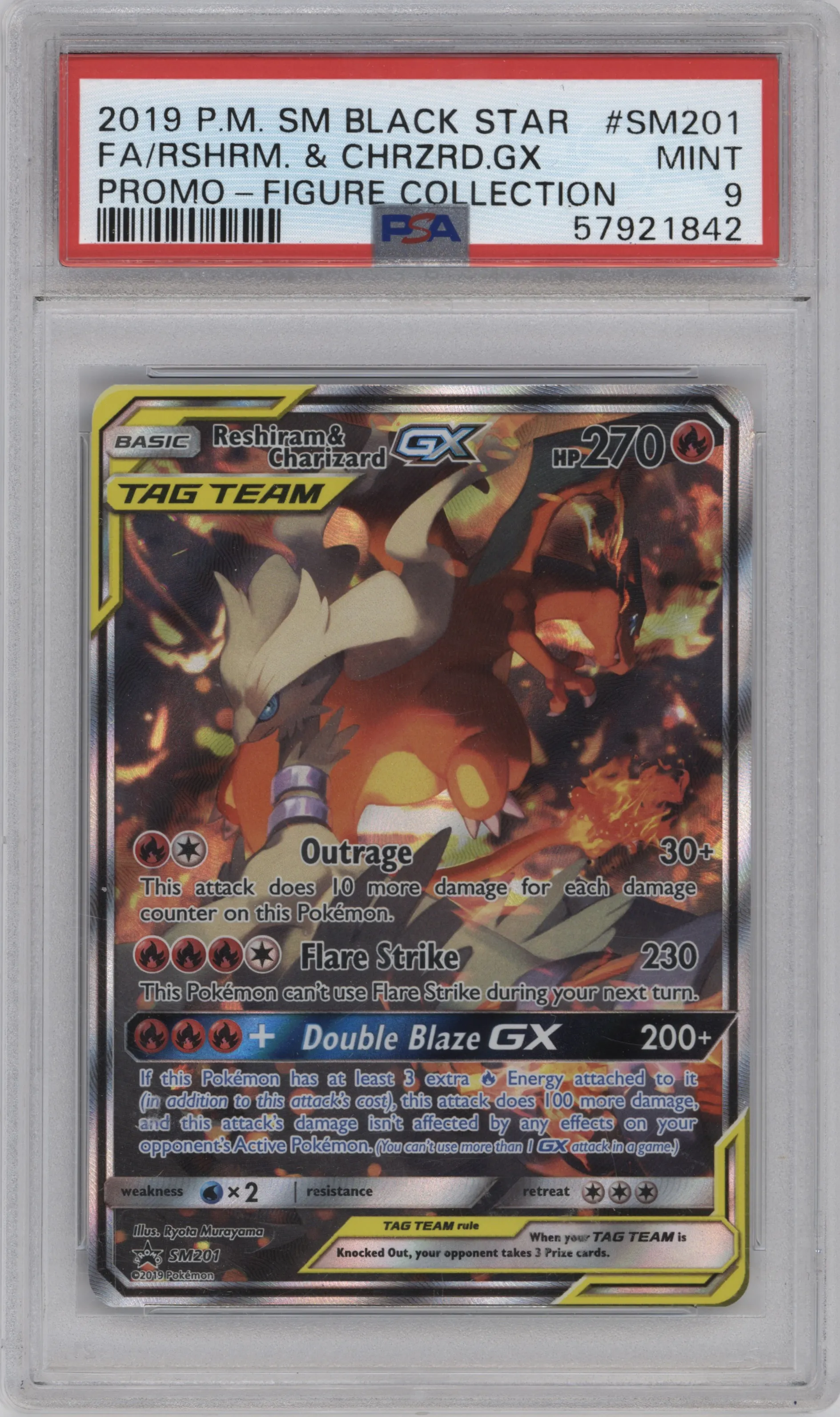 Reshiram & Charizard GX from the 2019 Pokemon S&M  set featuring a Figure Collection parallel graded by PSA and given an overall grade of 9.