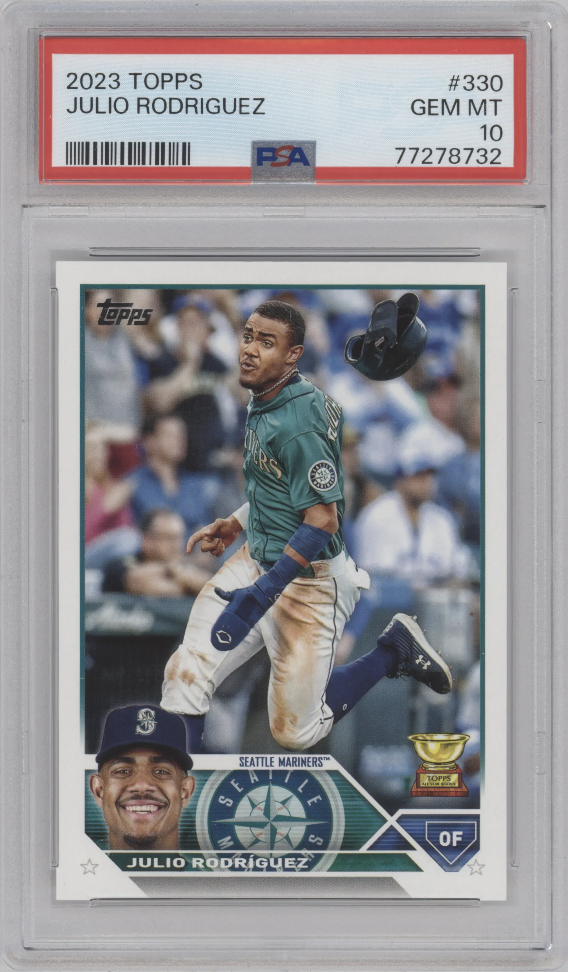 Julio Rodriguez from the 2023 Topps set graded by PSA and given an overall grade of 10.