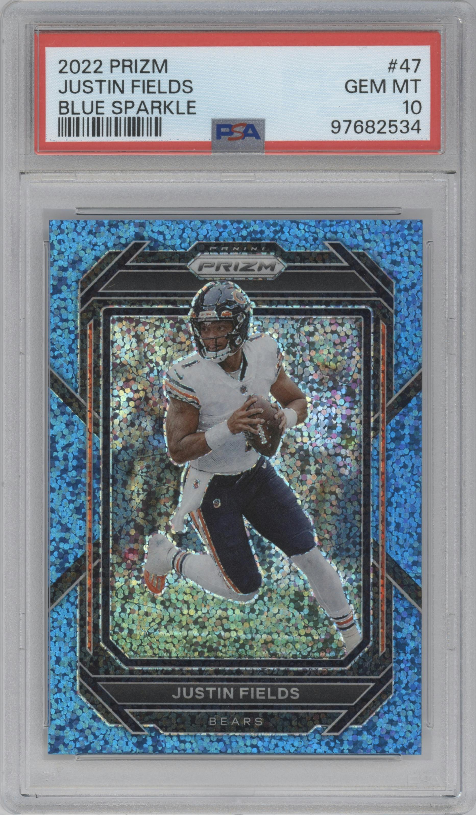 Justin Fields from the 2022 Panini Prizm set featuring a Blue Sparkle parallel graded by PSA and given an overall grade of 10.