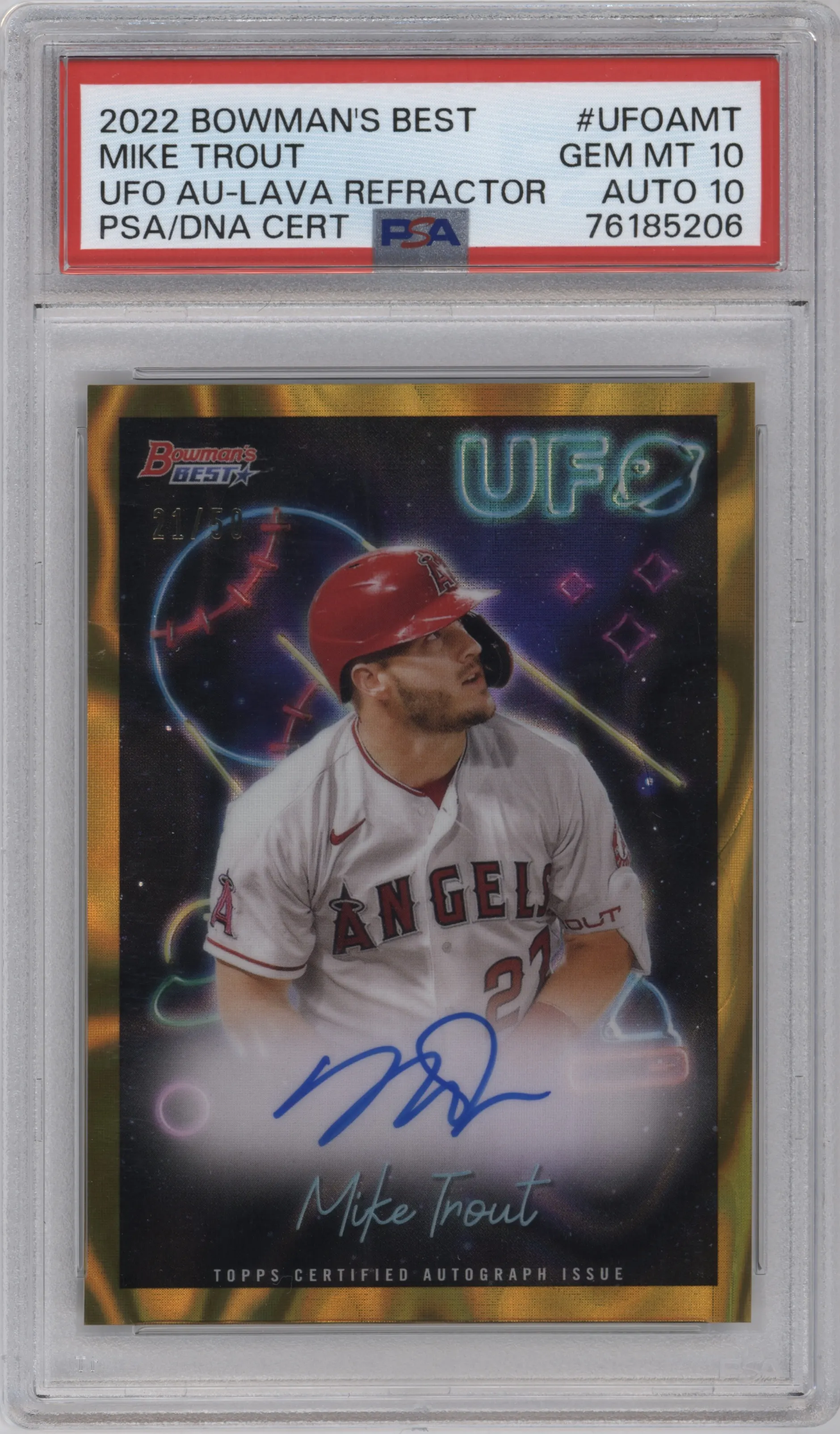Mike Trout from the 2022 Bowman’s Best   set featuring a Lava Refractor parallel graded by PSA and given an overall grade of 10.
