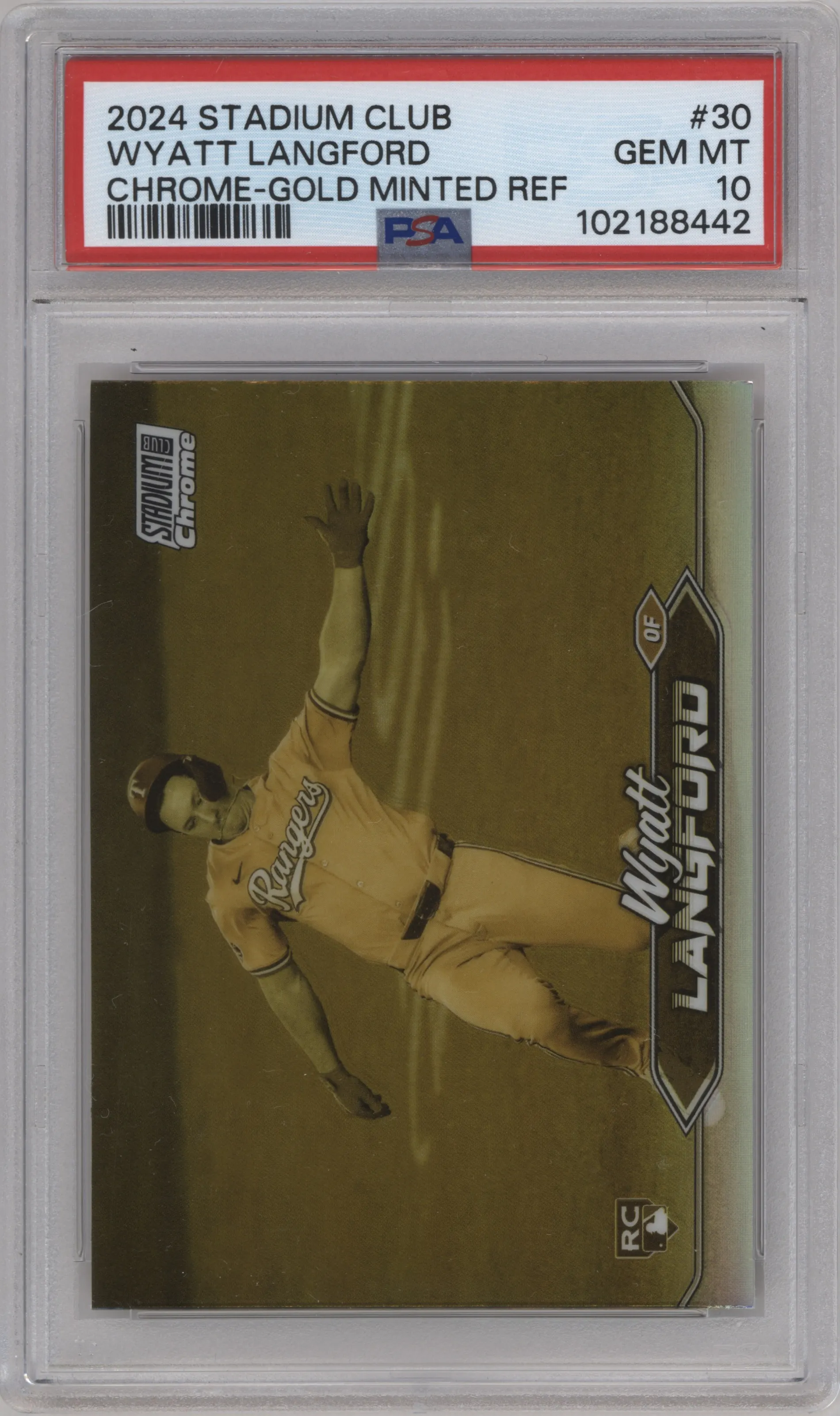 Wyatt Langford from the 2024 Topps Stadium Club set featuring a Gold Minted Refractor parallel graded by PSA and given an overall grade of 10.