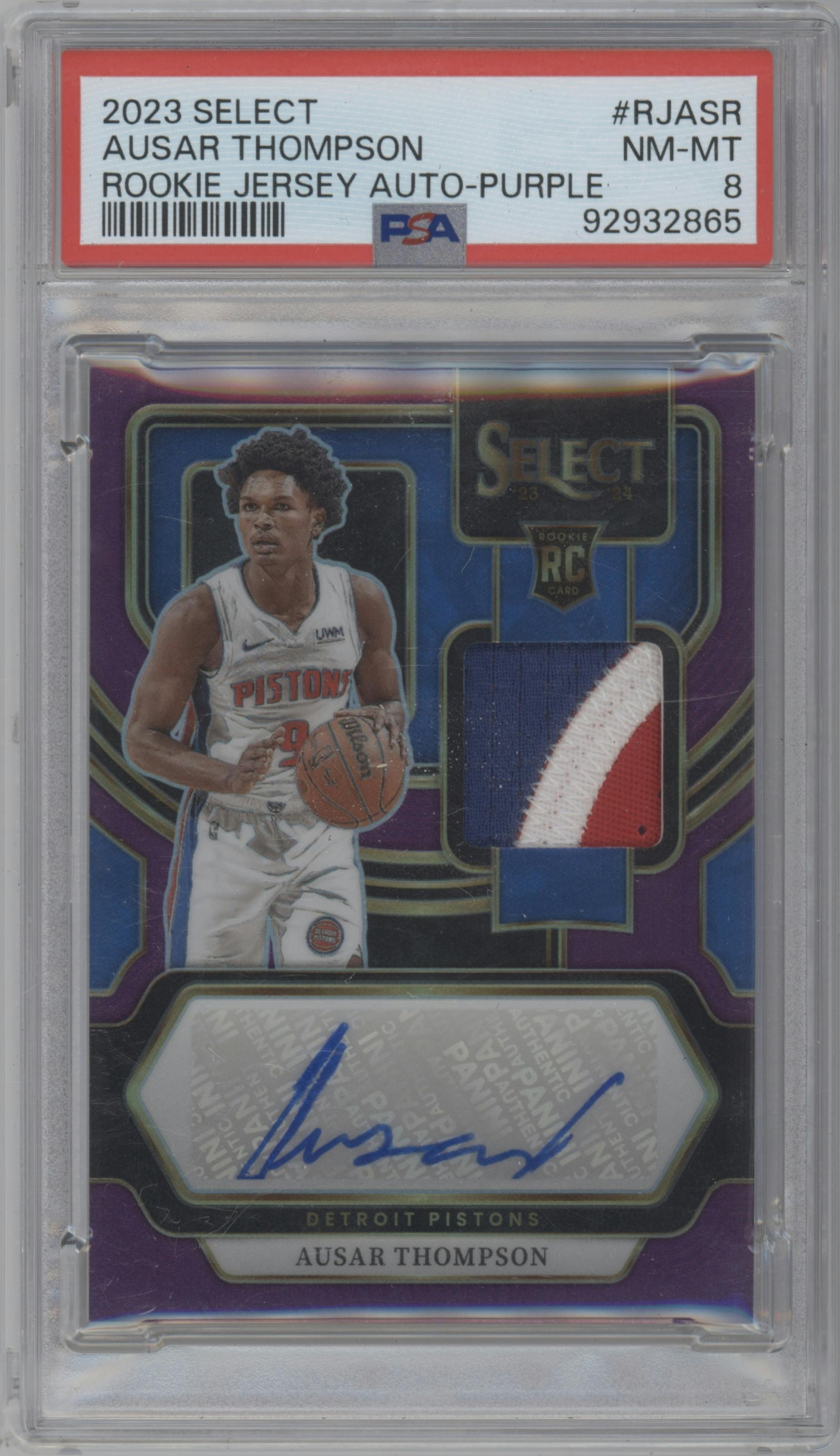 Ausar Thompson from the 2023-24 Panini Select  set featuring a Purple Prizm parallel graded by PSA and given an overall grade of 8.