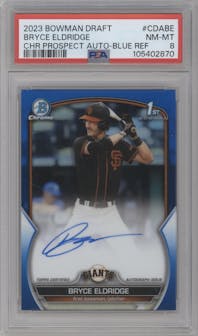 Bryce Eldridge from the 2023 Bowman Draft set featuring a Blue Refractor parallel graded by PSA and given an overall grade of 8.