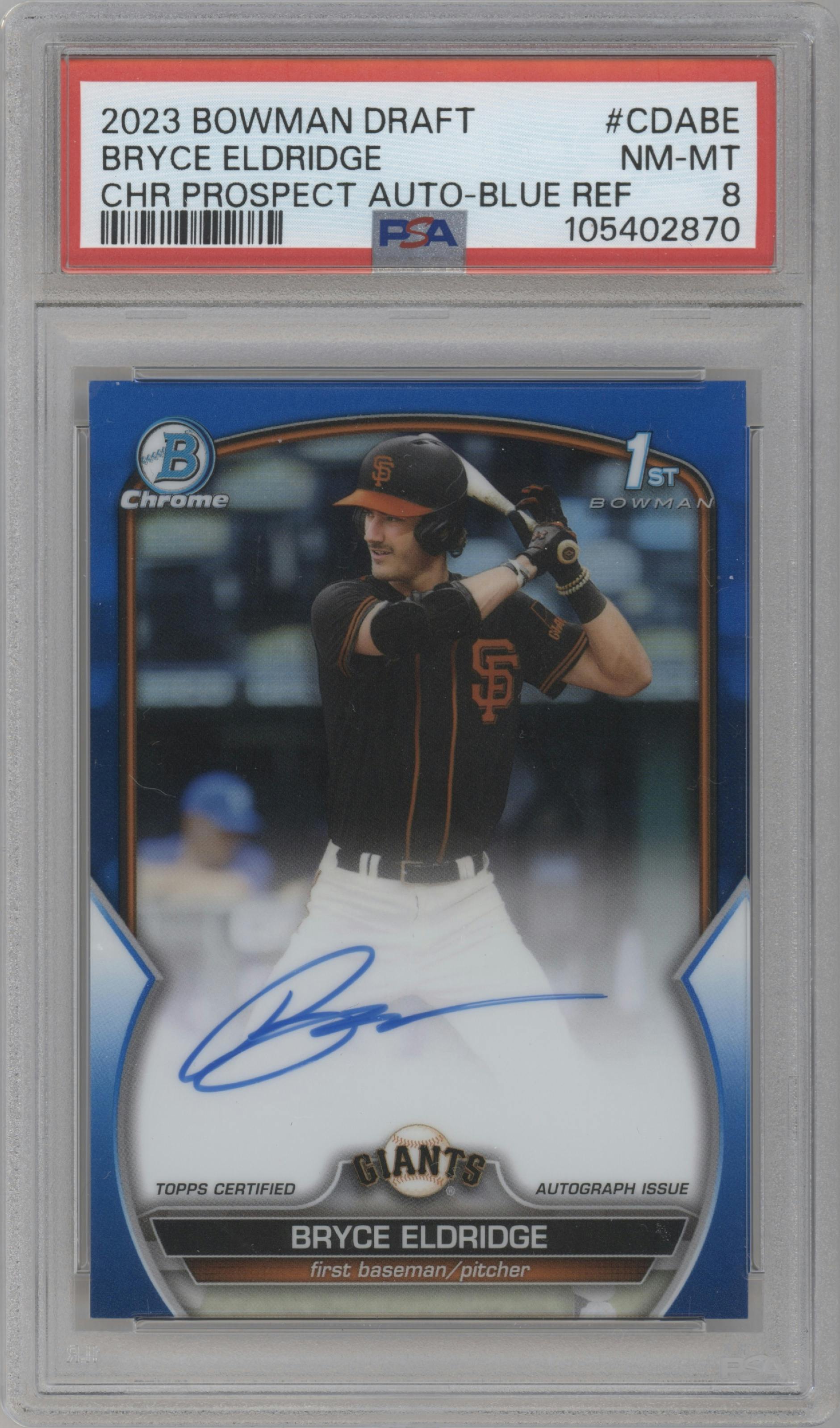 Bryce Eldridge from the 2023 Bowman Draft set featuring a Blue Refractor parallel graded by PSA and given an overall grade of 8.