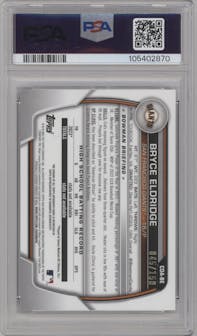 Bryce Eldridge from the 2023 Bowman Draft set featuring a Blue Refractor parallel graded by PSA and given an overall grade of 8.
