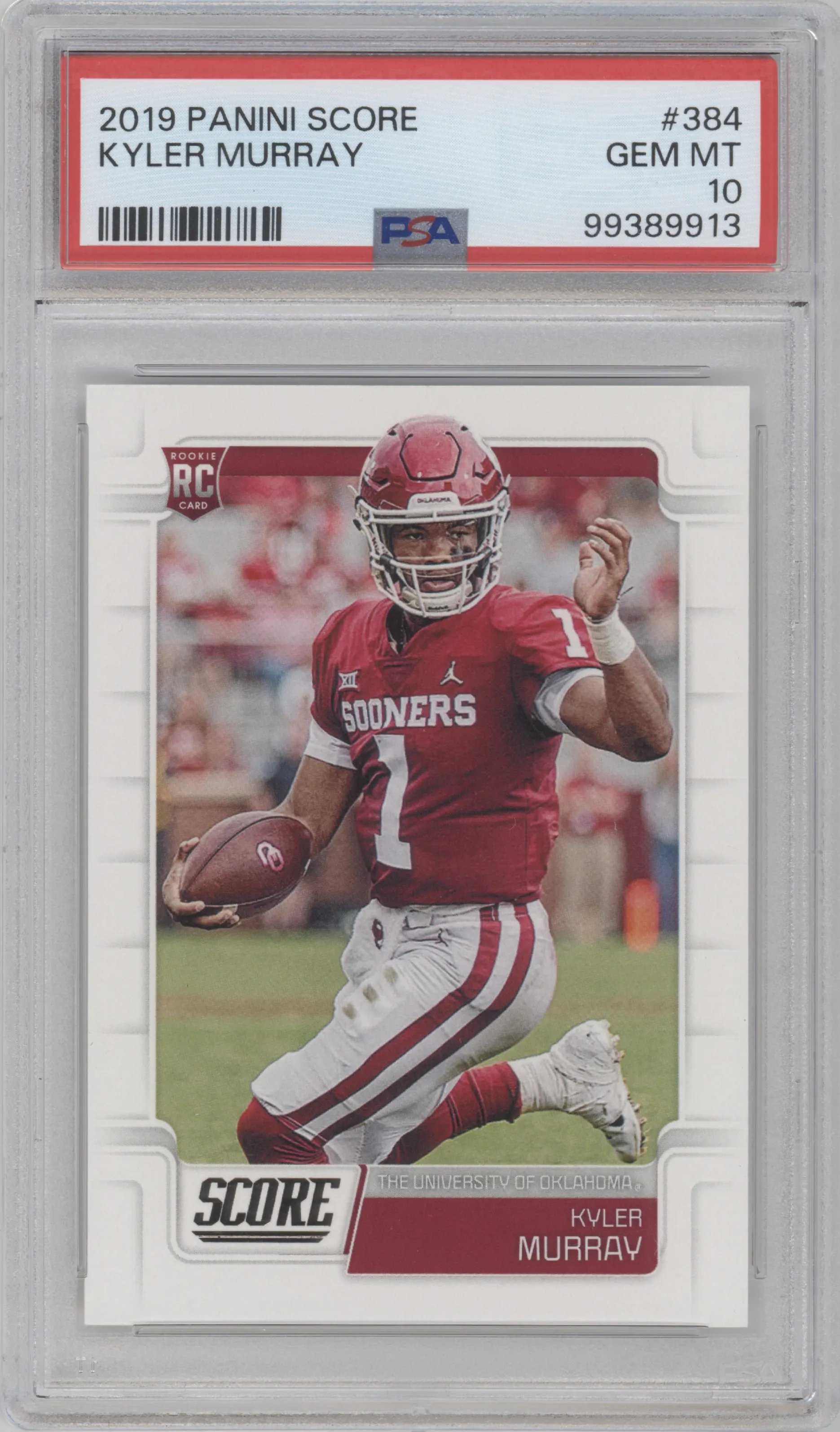Kyler Murray from the 2019 Panini Score set graded by PSA and given an overall grade of 10.