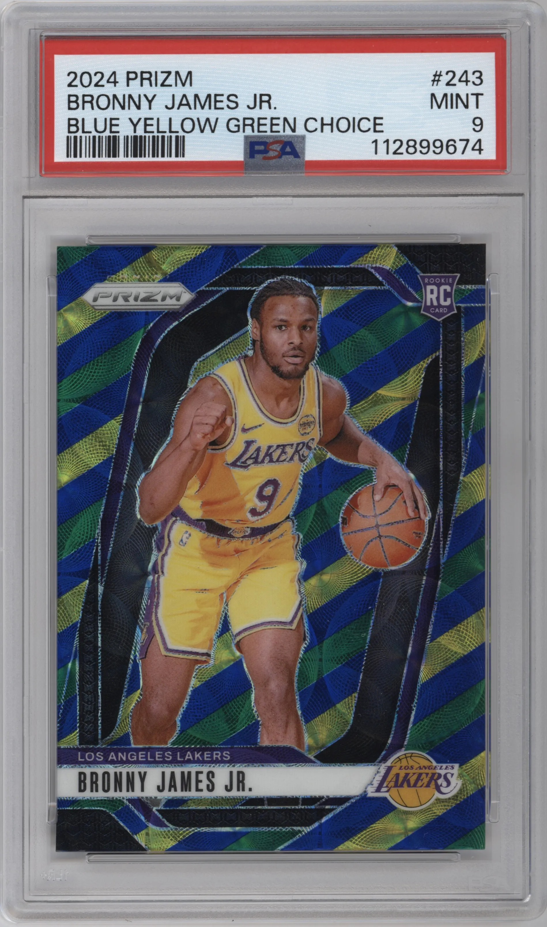 Bronny James Jr. from the 2024-25 Panini Prizm set featuring a Choice Blue Yellow and Green Prizms parallel graded by PSA and given an overall grade of 9.