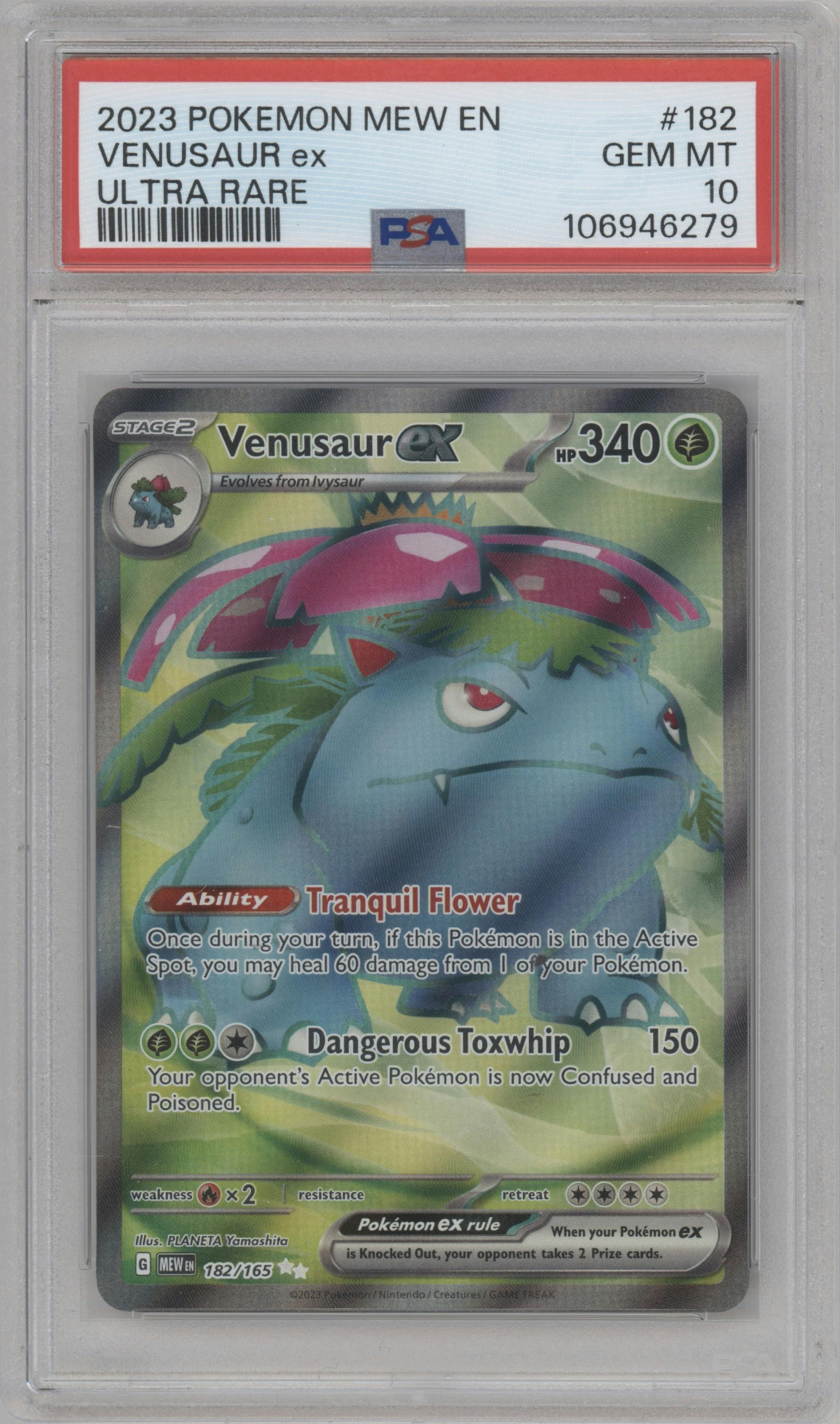 Venusaur ex from the 2023 Pokemon SV set graded by PSA and given an overall grade of 10.