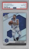 Stephen Curry from the 2020-21 Panini Mosaic set featuring a Silver parallel graded by PSA and given an overall grade of 10.
