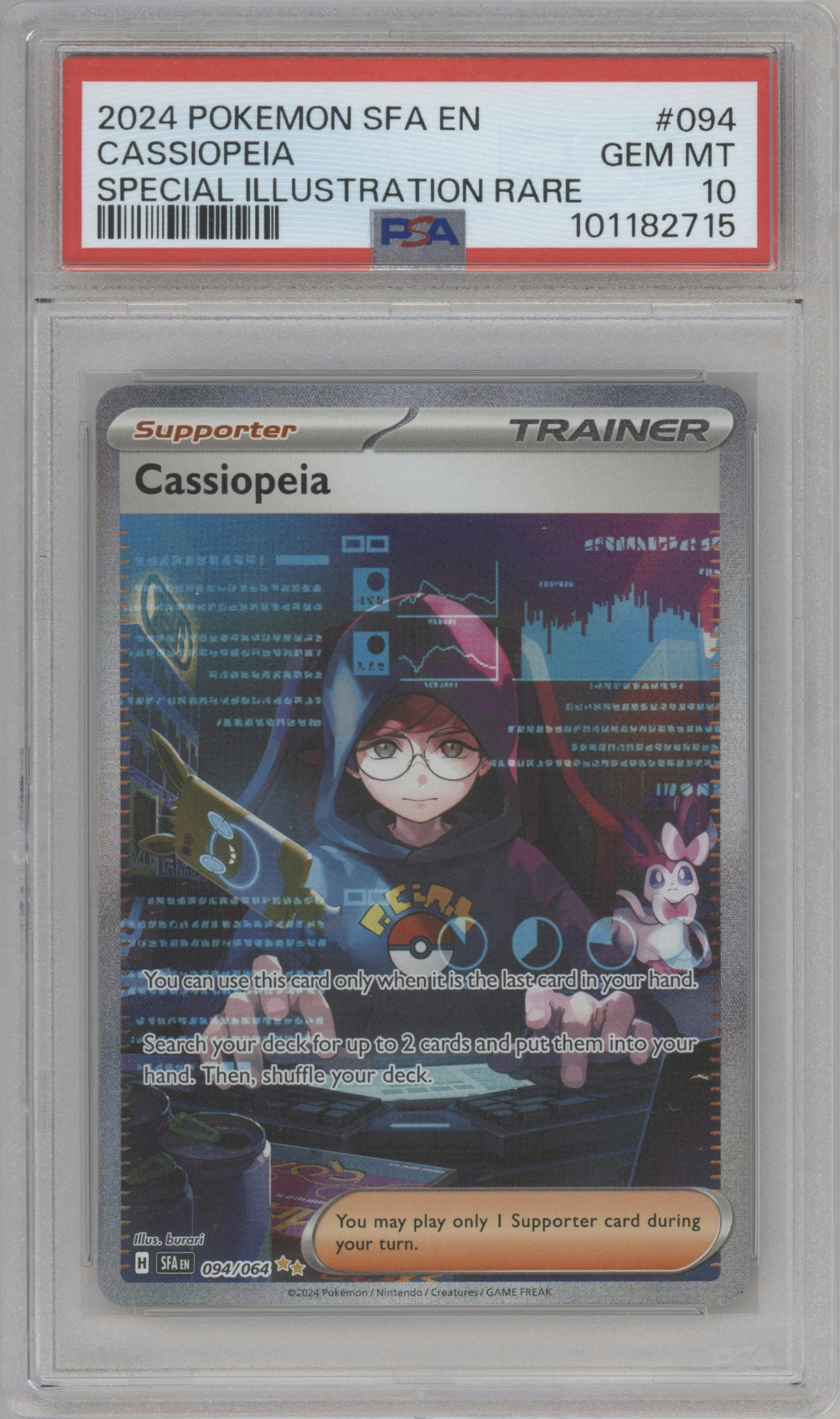 Cassiopeia from the 2024 Pokemon SV set graded by PSA and given an overall grade of 10.