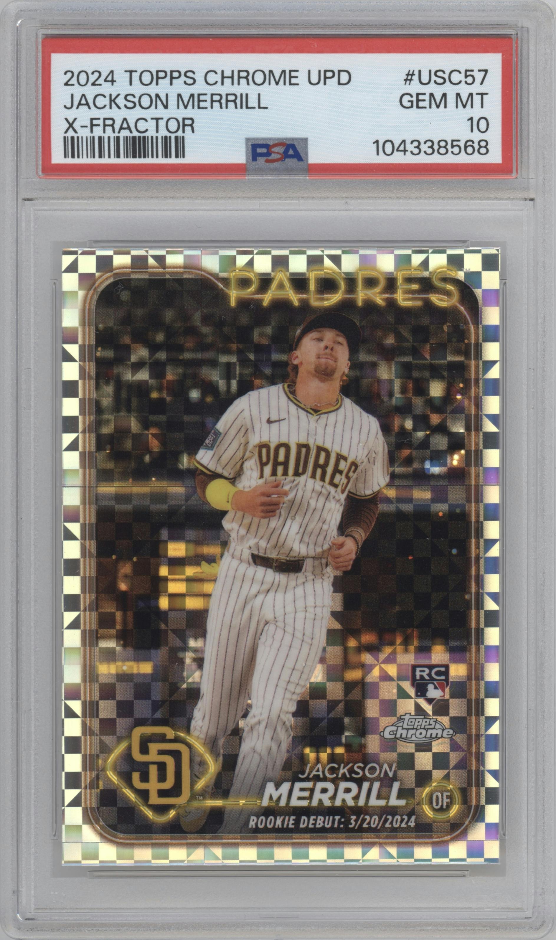 Jackson Merrill from the 2024 Topps Chrome Update set featuring a X-Fractor parallel graded by PSA and given an overall grade of 10.